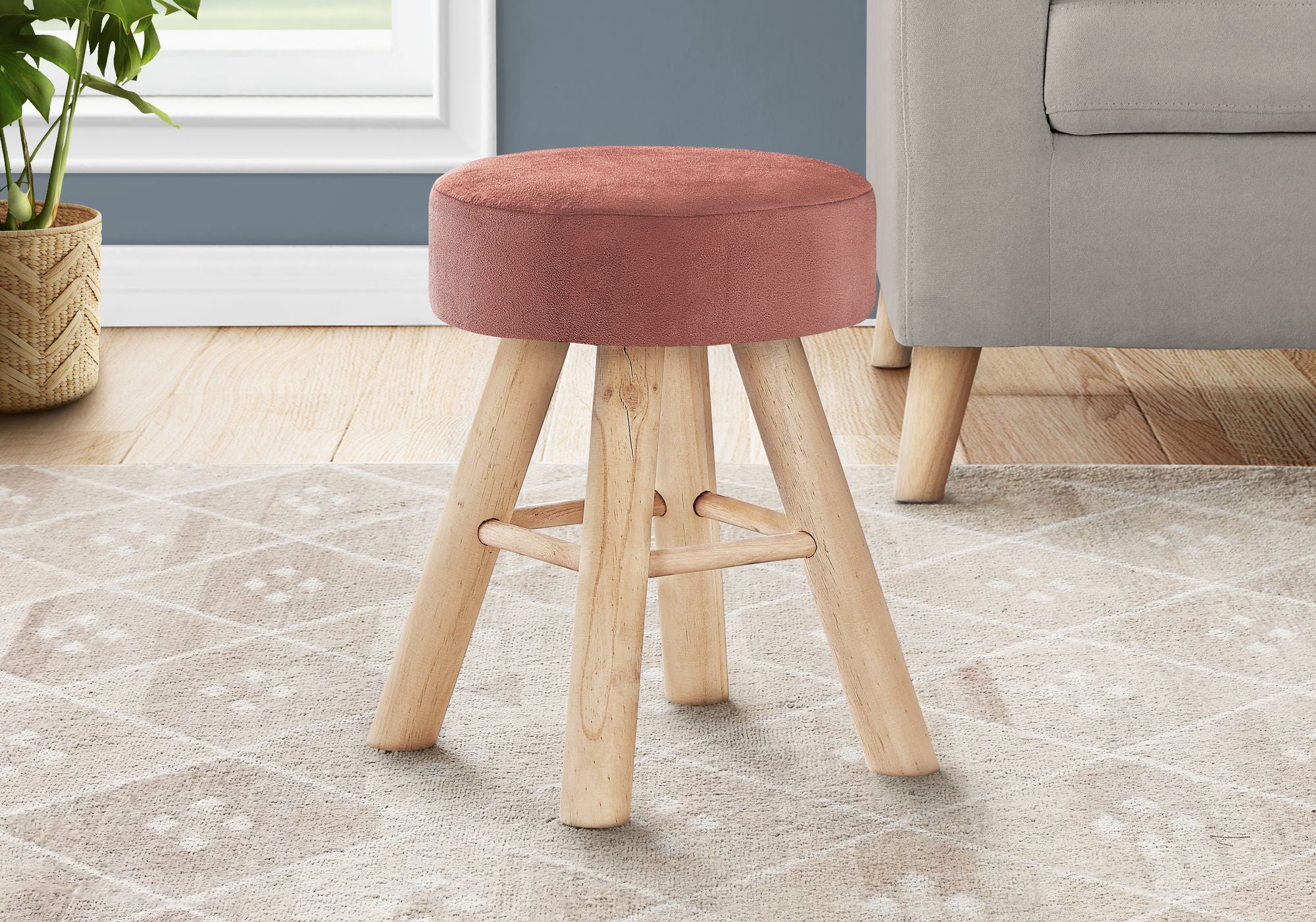 Ottoman, Pouf, Footrest, Foot Stool, Round Velvet, Natural Wood Legs, Contemporary, Modern