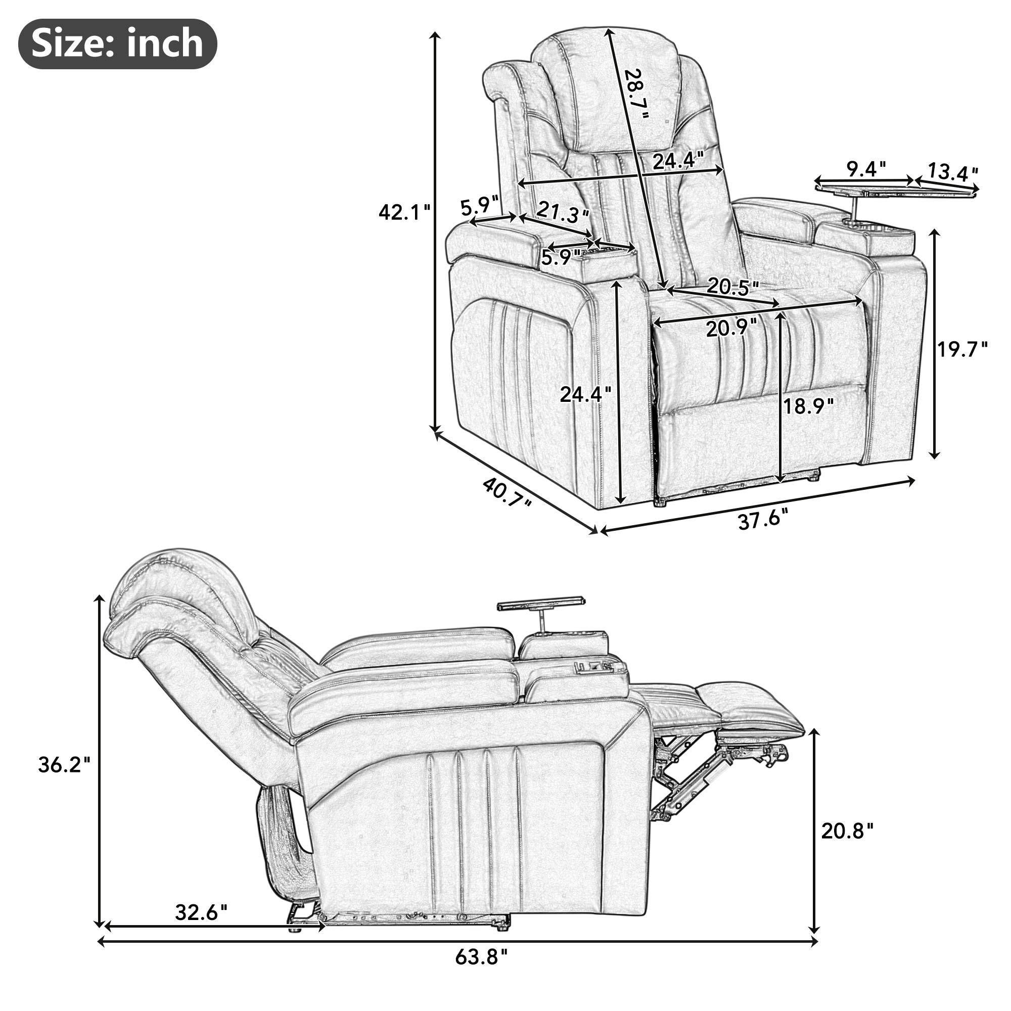 PU Leather Power Recliner Home Theater Recliner with Power Adjustable Headrest, Wireless Charging Device, USB Port, Storage Arms, Cup Holder and Swivel Tray Table for Living Room, Black