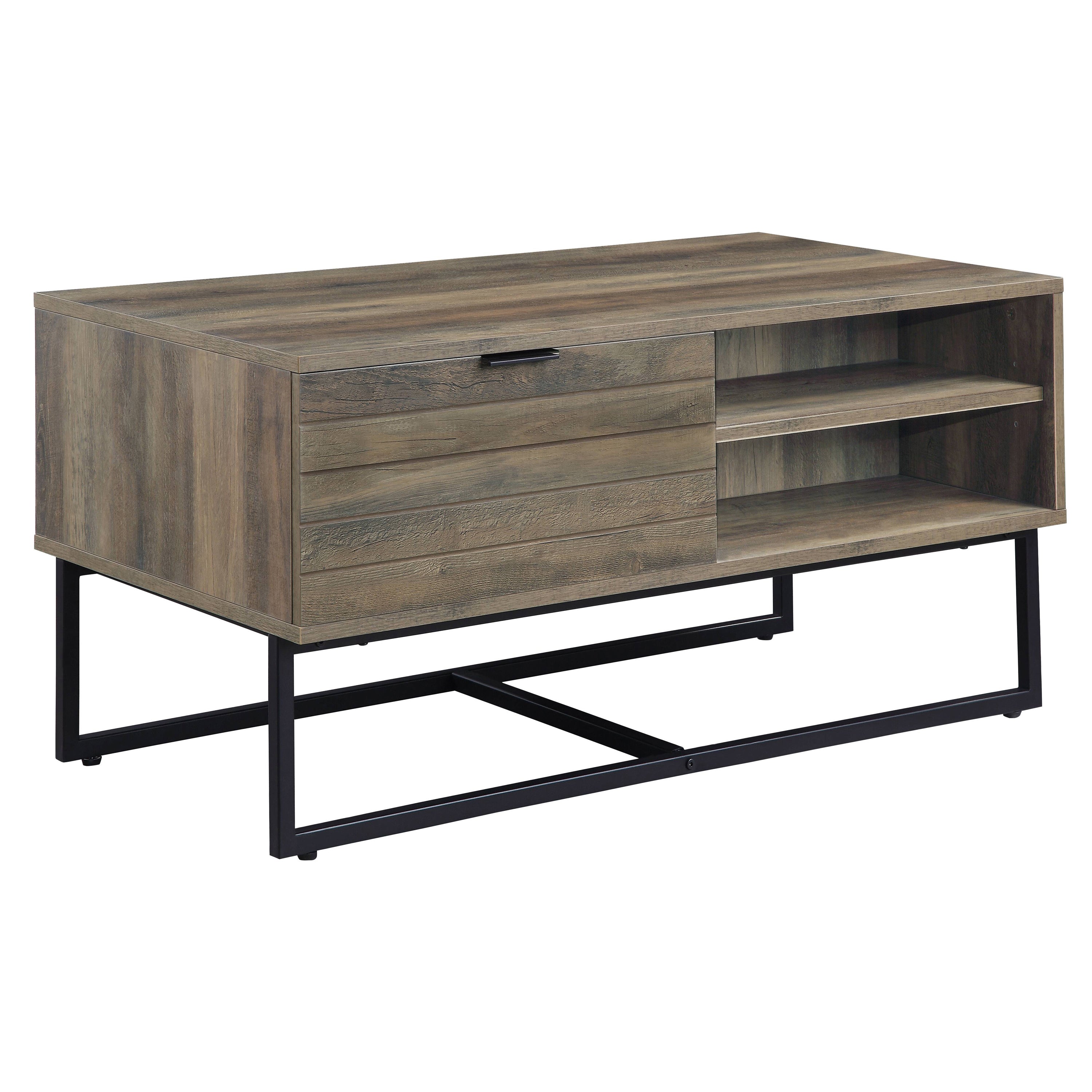 Rustic Oak and Black Coffee Table with Open Storage