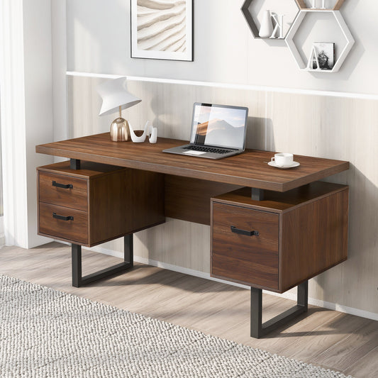 Home Office Computer Desk with Drawers/Hanging Letter-size Files, 59 inch Writing Study Table with Drawers