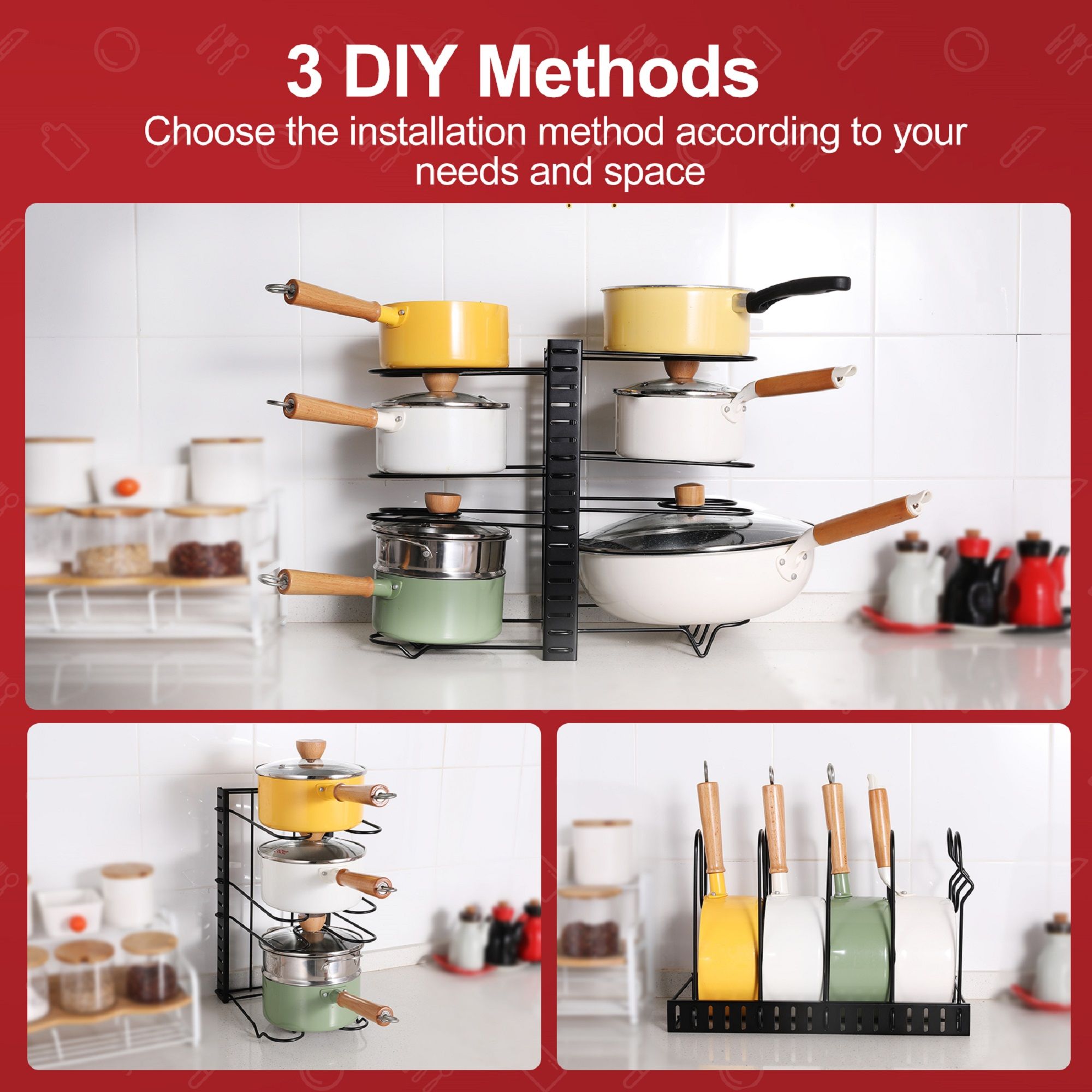 Adjustable Pot Rack Kitchen Storage Organizer - Black