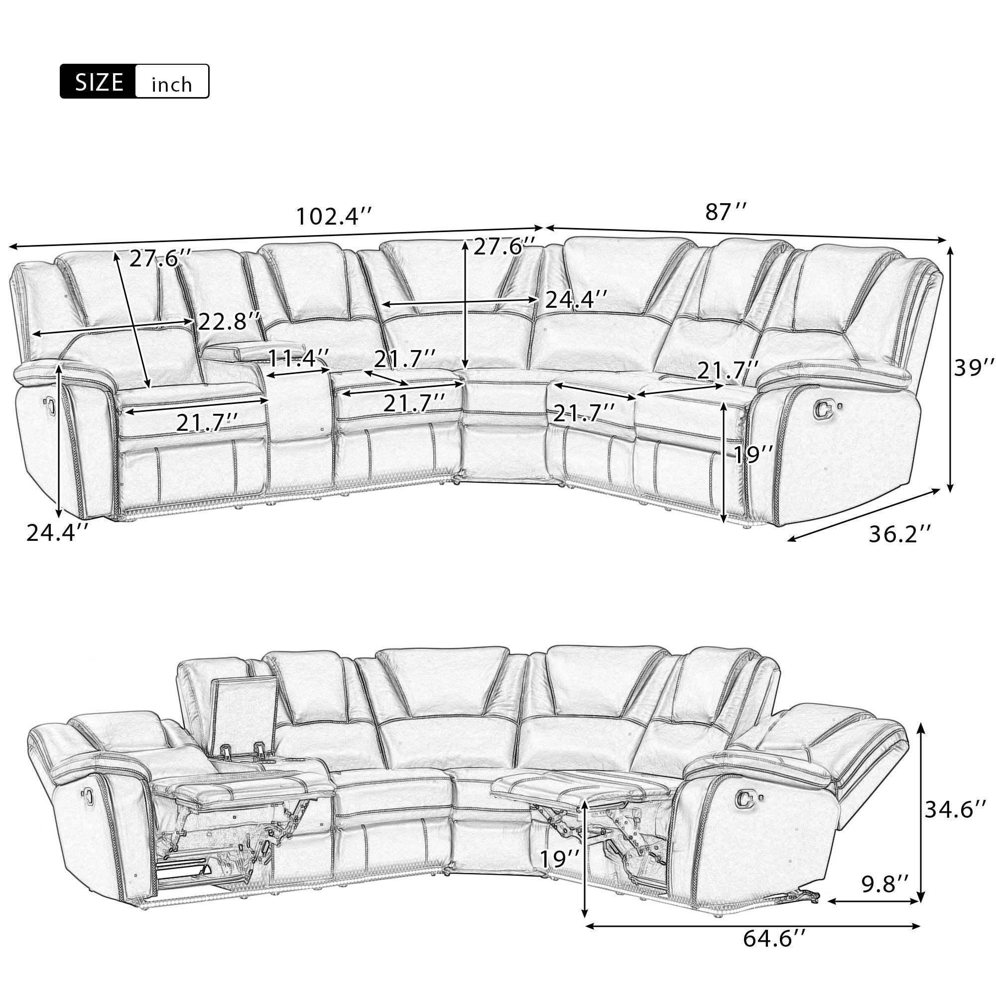 Modern Faux Leather Manual Reclining With Center Console With LED Light Strip, Living Room Furniture Set, PU Symmetrical Couch With 2 Cup Holders And Storage For Living Room - Black