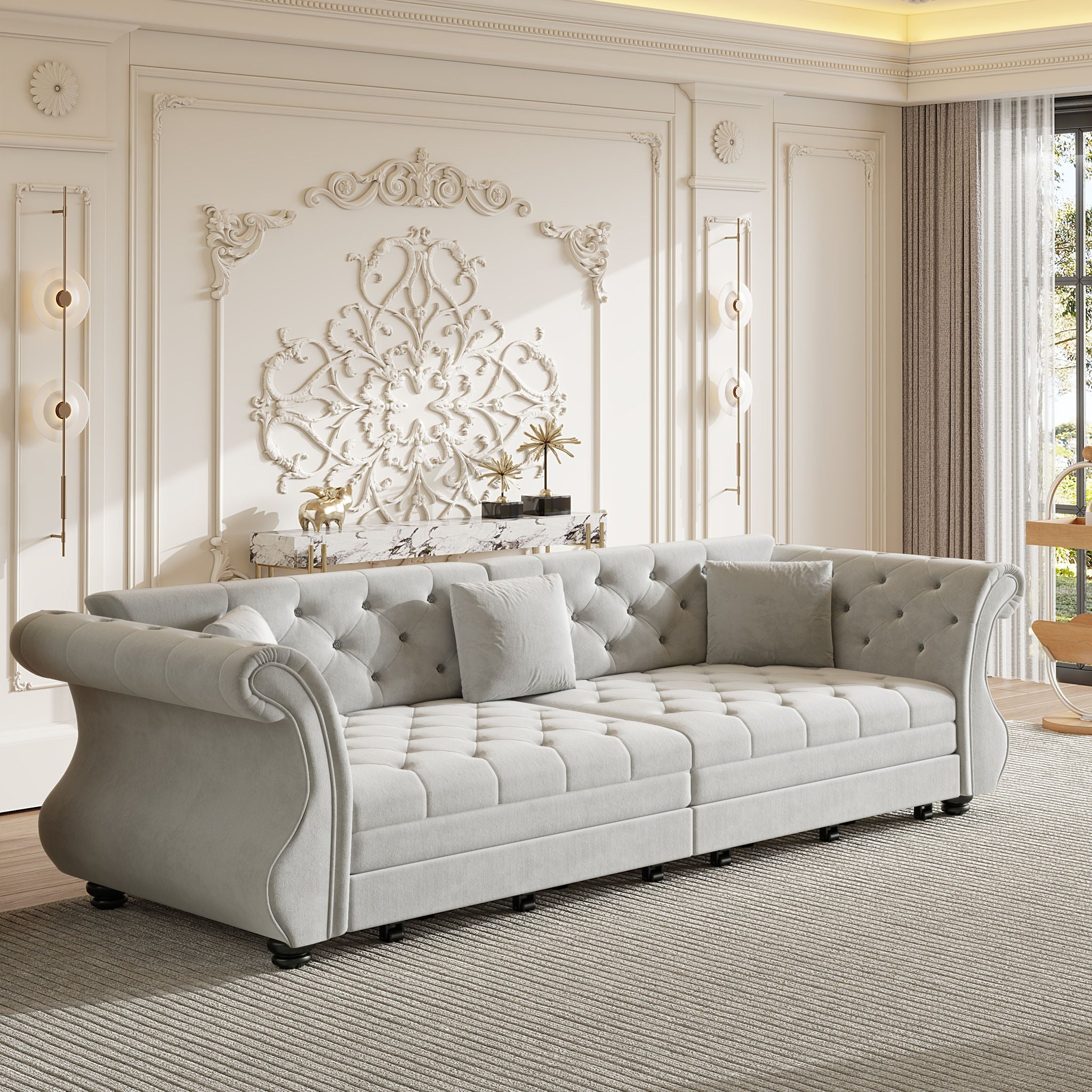 Oversized Chesterfield Pull Out Sofa Bed, Roll Arm Couch With Flower Tufting For Living Room