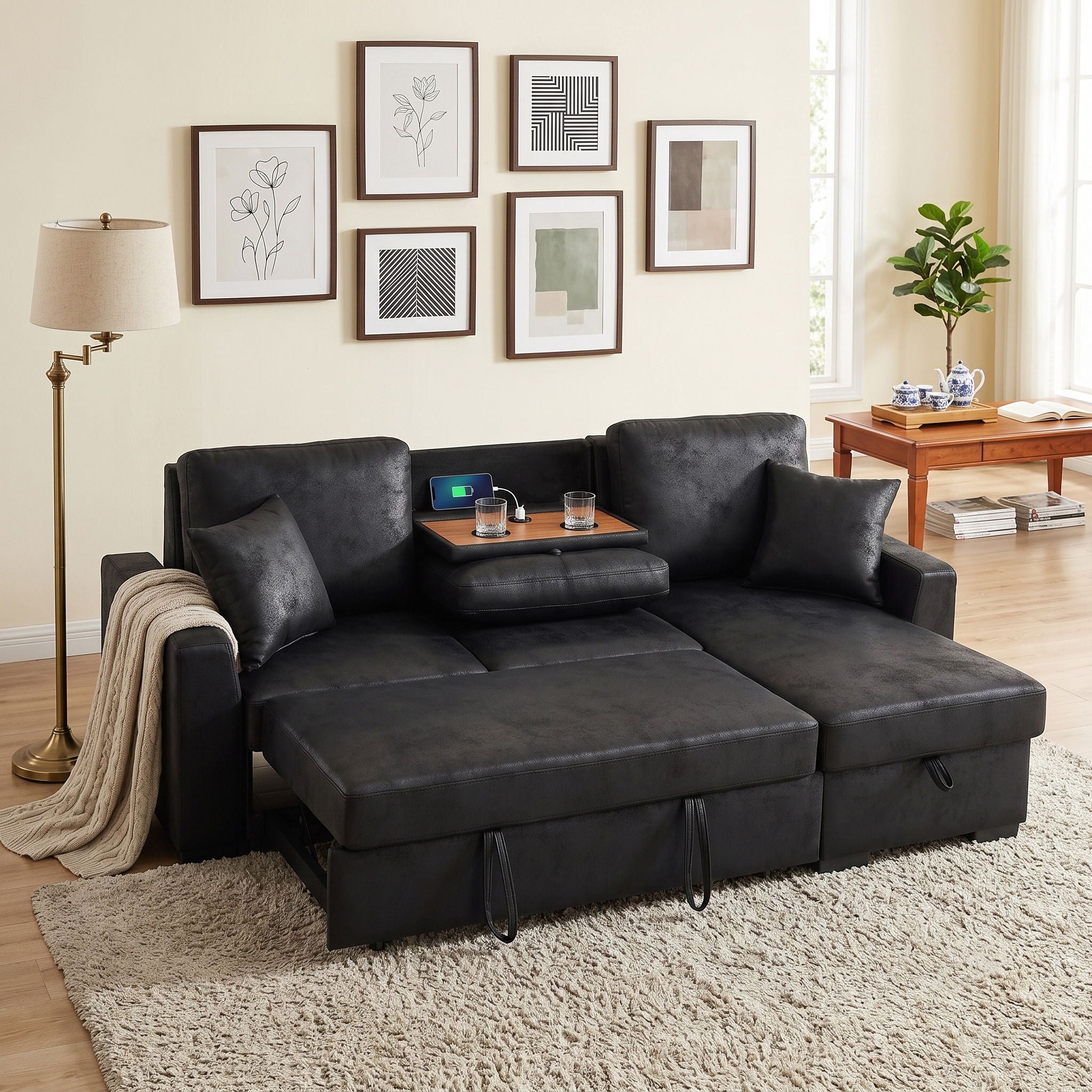 Upholstered Sectional With Pull-Out Bed And Chaise Storage