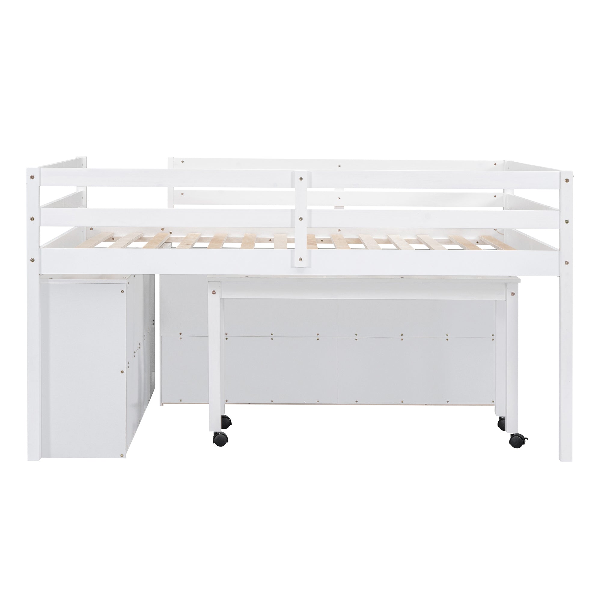 Full Size Loft Bed with Retractable Writing Desk and 4 Drawers, Wooden Loft Bed with Lateral Portable Desk and Shelves, White