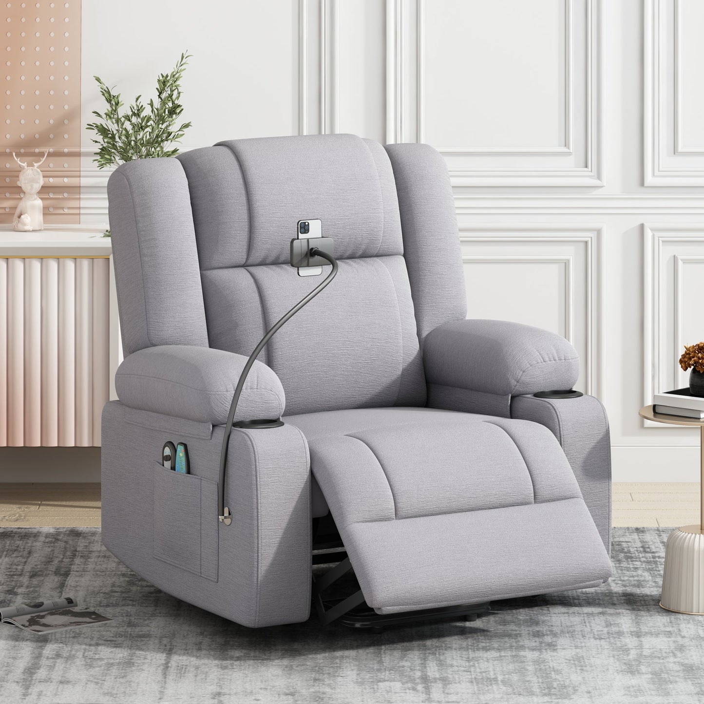 Power Lift Recliner Chair Electric Recliner for Elderly Recliner Chair with Massage and Heating Functions, Remote, Phone Holder Side Pockets and Cup Holders for Living Room, Grey