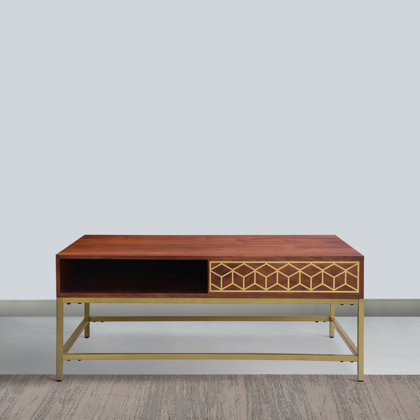 Kalyn 43 Inch Acacia Wood Coffee Table, Geometric Screen Printed Design, 1 Open Compartment, Natural Brown, Brass