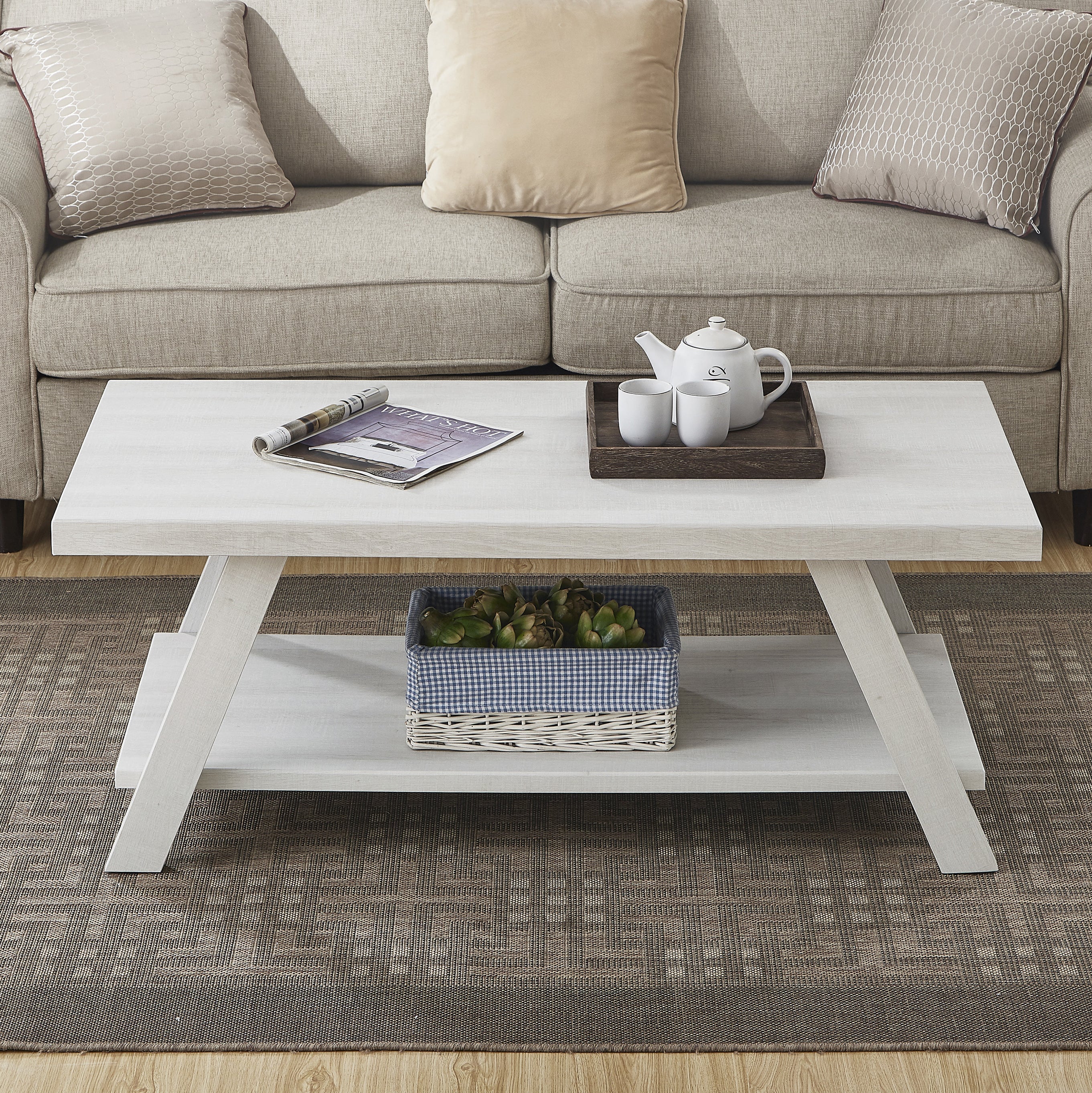 Athens Contemporary Wood Shelf Coffee Table in White Finish