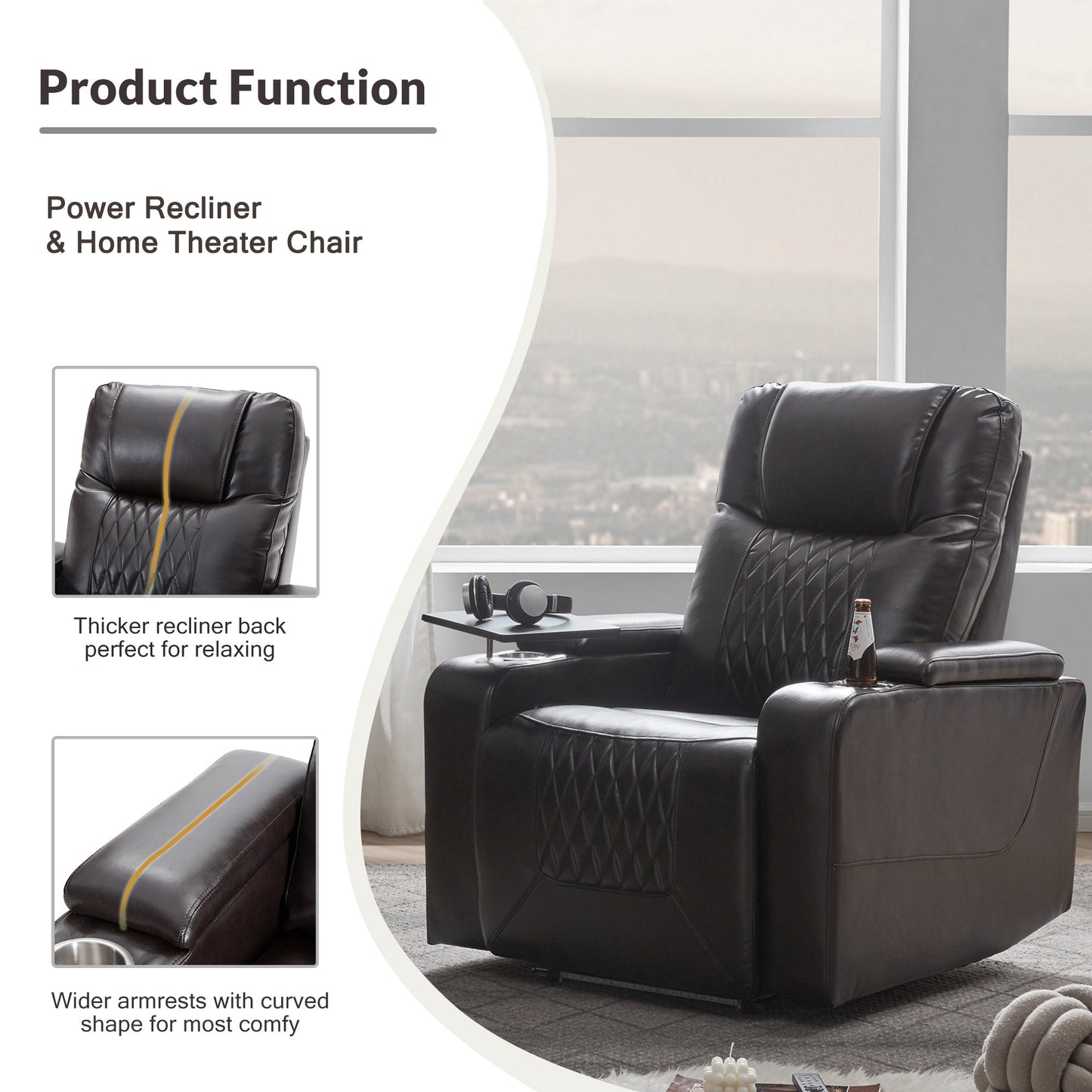 Power Motion Recliner with USB Charging Port and Hidden Arm Storage 2 Convenient Cup Holders Design and 360° Swivel Tray Table,Black(old sku: SG000630AAB)