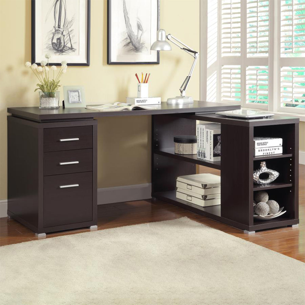 L-Shape Office Desk With Drawers and Shelves, Cappuccino