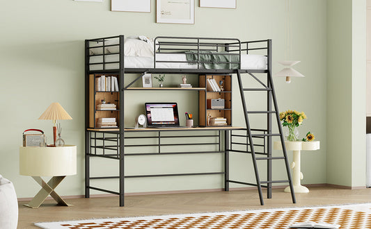 Twin Size Loft Bed with Desk and Shelf , Loft Bed with Ladder,Twin,Black