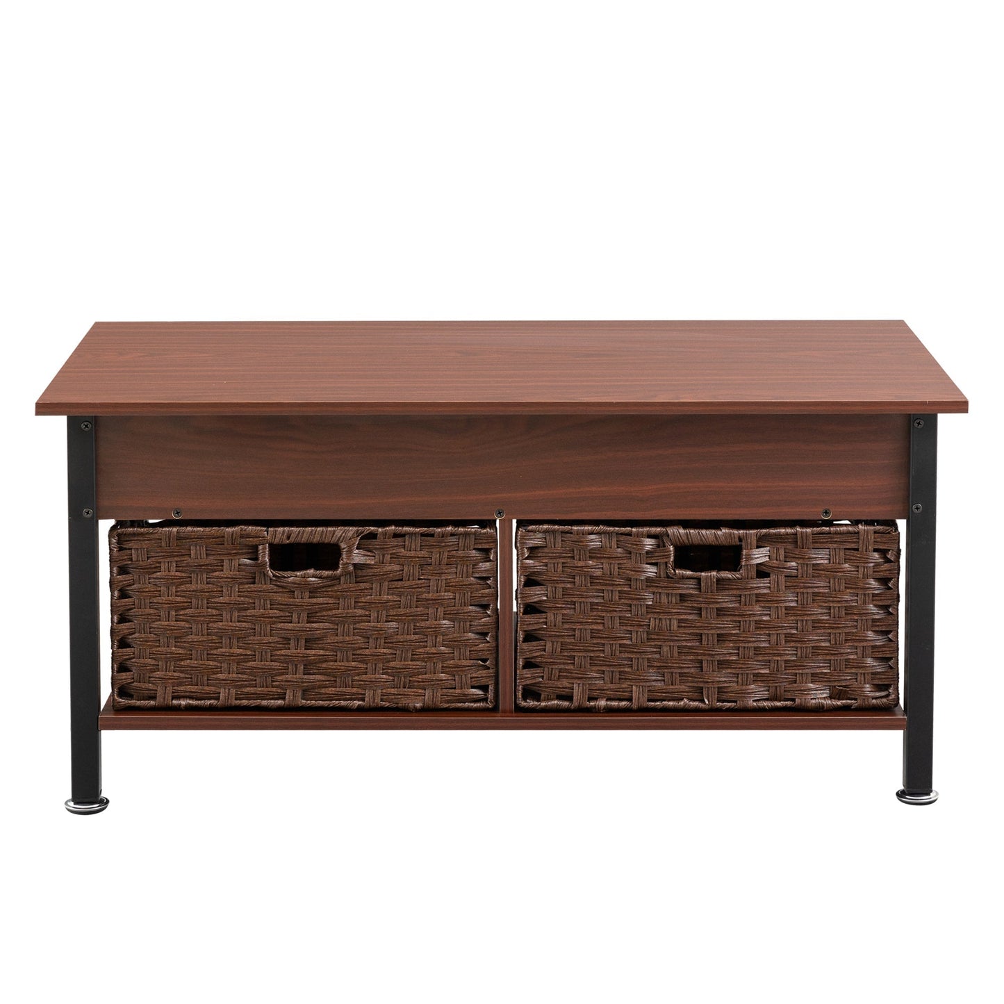 Metal coffee table,desk,with a lifting table,and hidden storage space.There were two removable wicker baskets that could be placed in any space such as the living room,color:brownwith solid wood grain