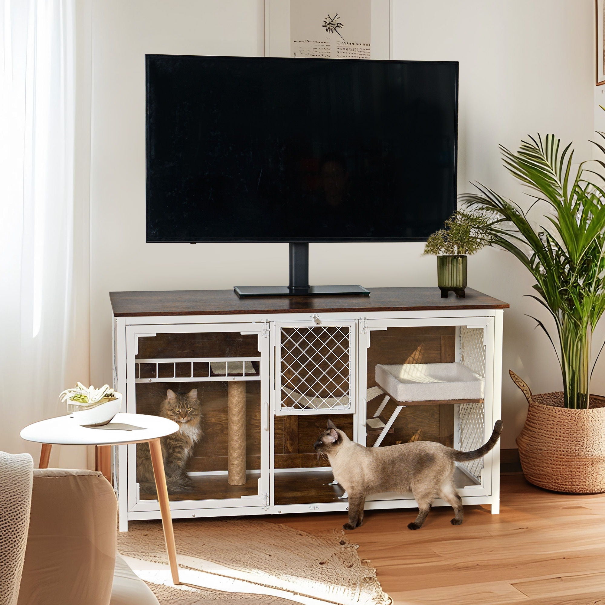 Wooden Cat House, Cat Villa, Cat Cages Indoor, TV Stand With Cat House - White / Vintage