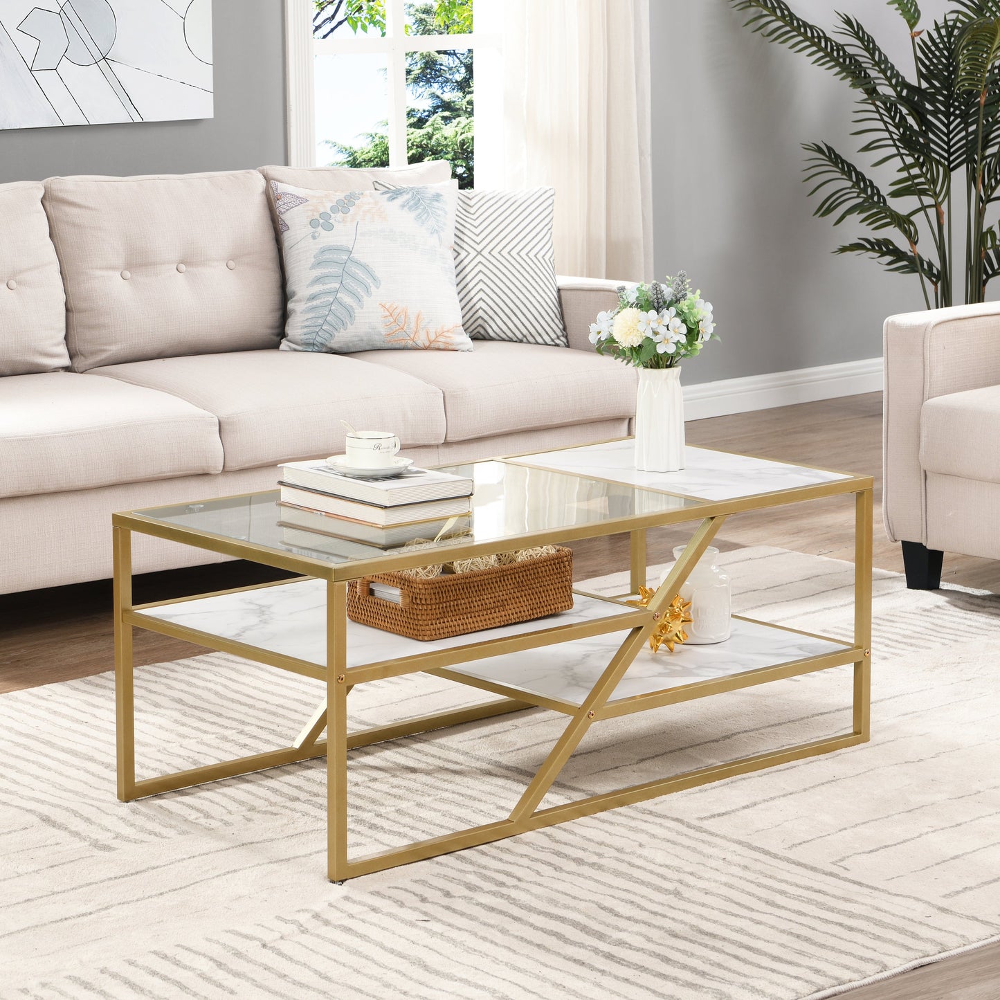 Golden Coffee Table with Storage Shelf, Tempered Glass Coffee Table with Metal Frame for Living Room&Bedroom