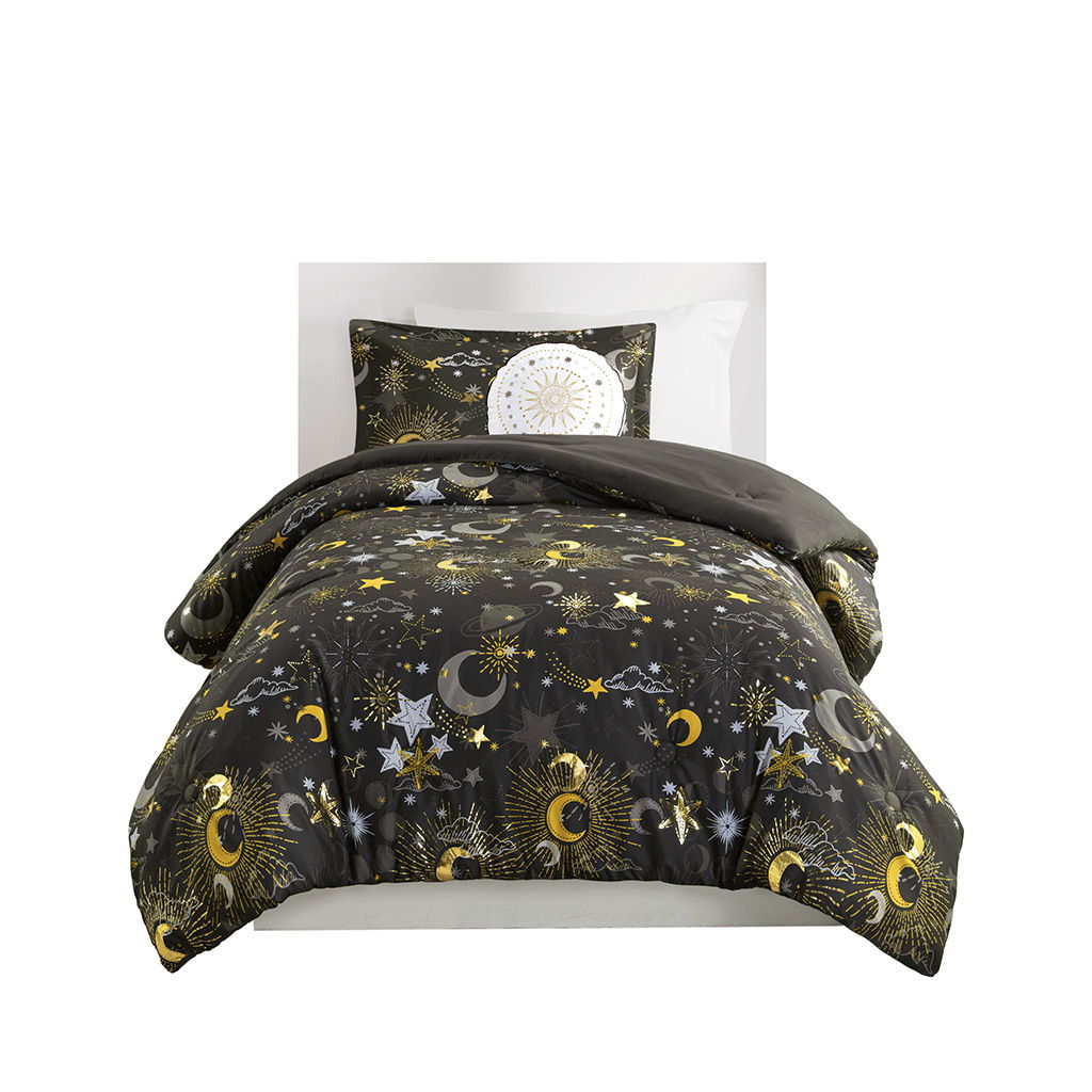 Celia - Starry Sky Metallic Comforter Set With Throw Pillow - Charcoal / Gold