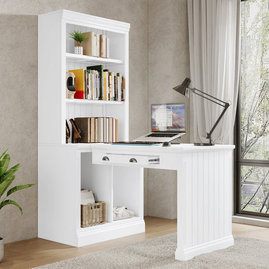 83.4"Tall Bookshelf with Writing Desk, Modern Bookcase with Study Desk, Workstation with Storage Shelf,Storage Bookcase with Open Shelves and LED Lighting for Living Room,Home Office,White