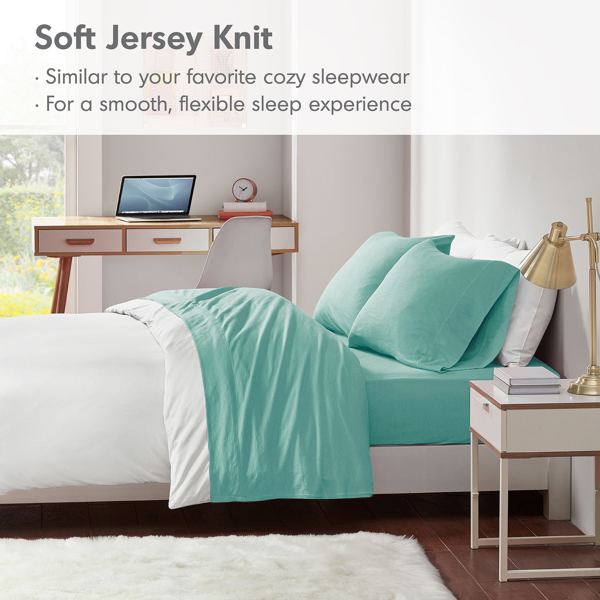 Cotton Blend Jersey Knit - Twin Long All Season Sheet Set - Aqua