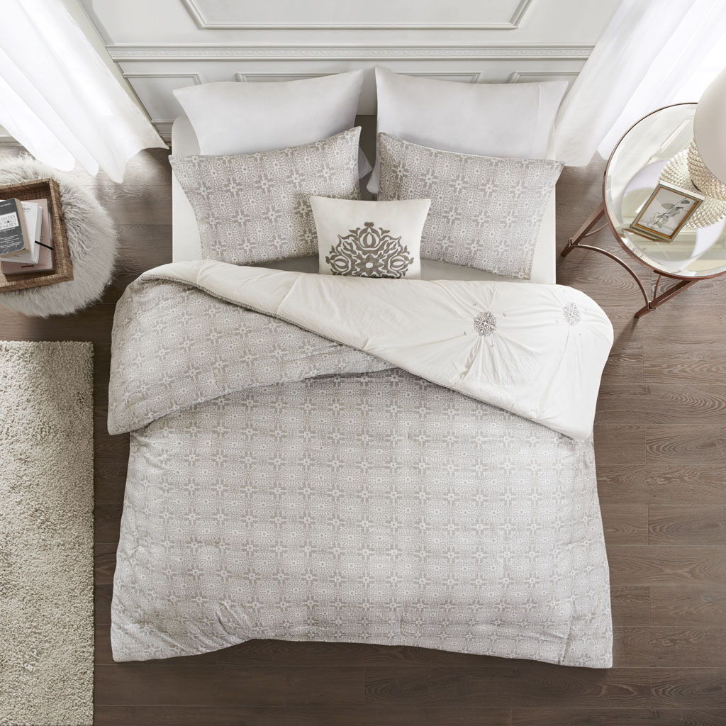 Malia - 4 Piece Embroidered Reversible Duvet Cover Set - Ivory