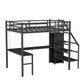 Full Size Loft Bed with L-shaped Desk and USB, Metal Loft Bed with Wardrobe and Adjustable Shelf, High Loft Bed with LED for Kids Teens Adults, Black