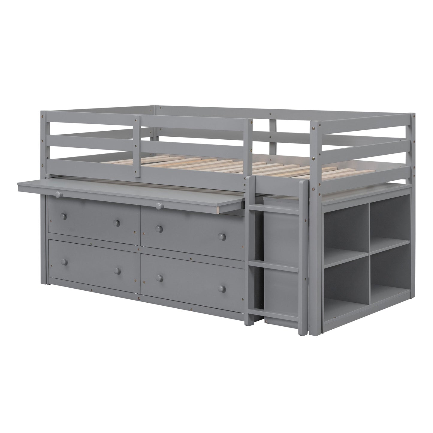 Twin Size Loft Bed with Retractable Writing Desk and 4 Drawers, Wooden Loft Bed with Lateral Portable Desk and Shelves, Gray