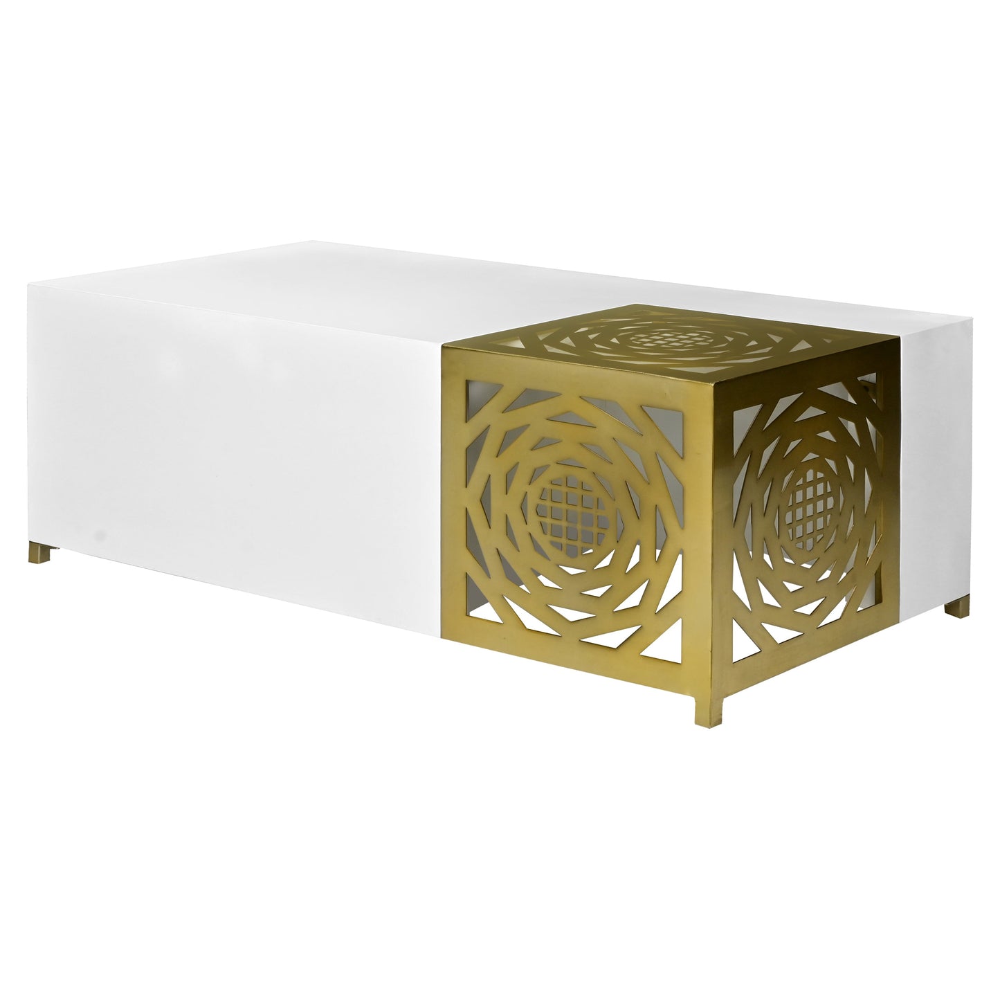 48 Inch Rectangular Modern Coffee Table with Geometric Cut Out Design, White and Brass