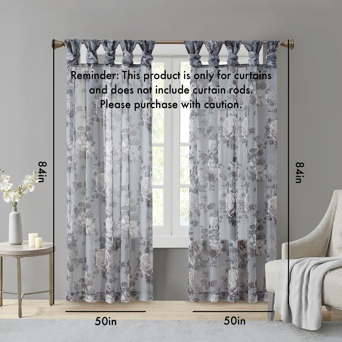 Printed Floral Twist Tab Top Voile Sheer Curtain