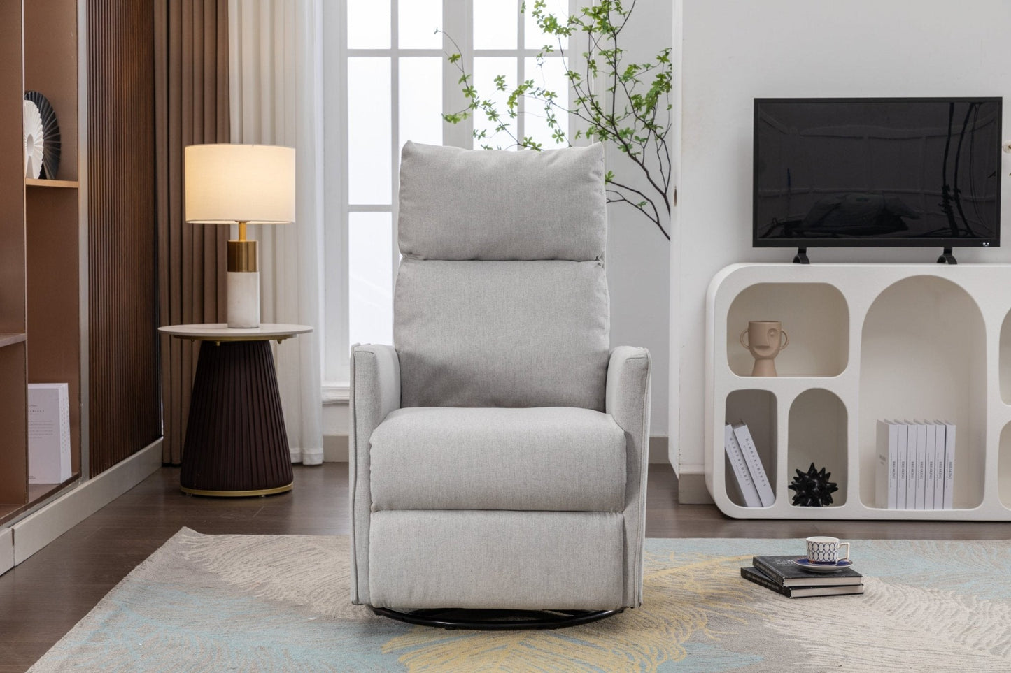 038-Cotton Linen Fabric Swivel Rocking Chair Glider Rocker Recliner Nursery Chair With Adjustable Back And Footrest For Living Room Indoor,Light Gray