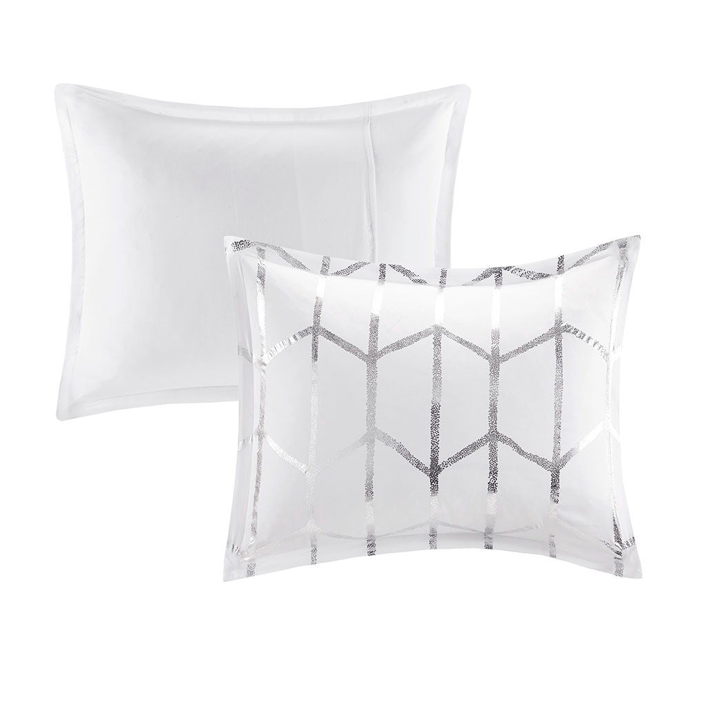 Raina - King Metallic Printed Comforter Set - White / Silver