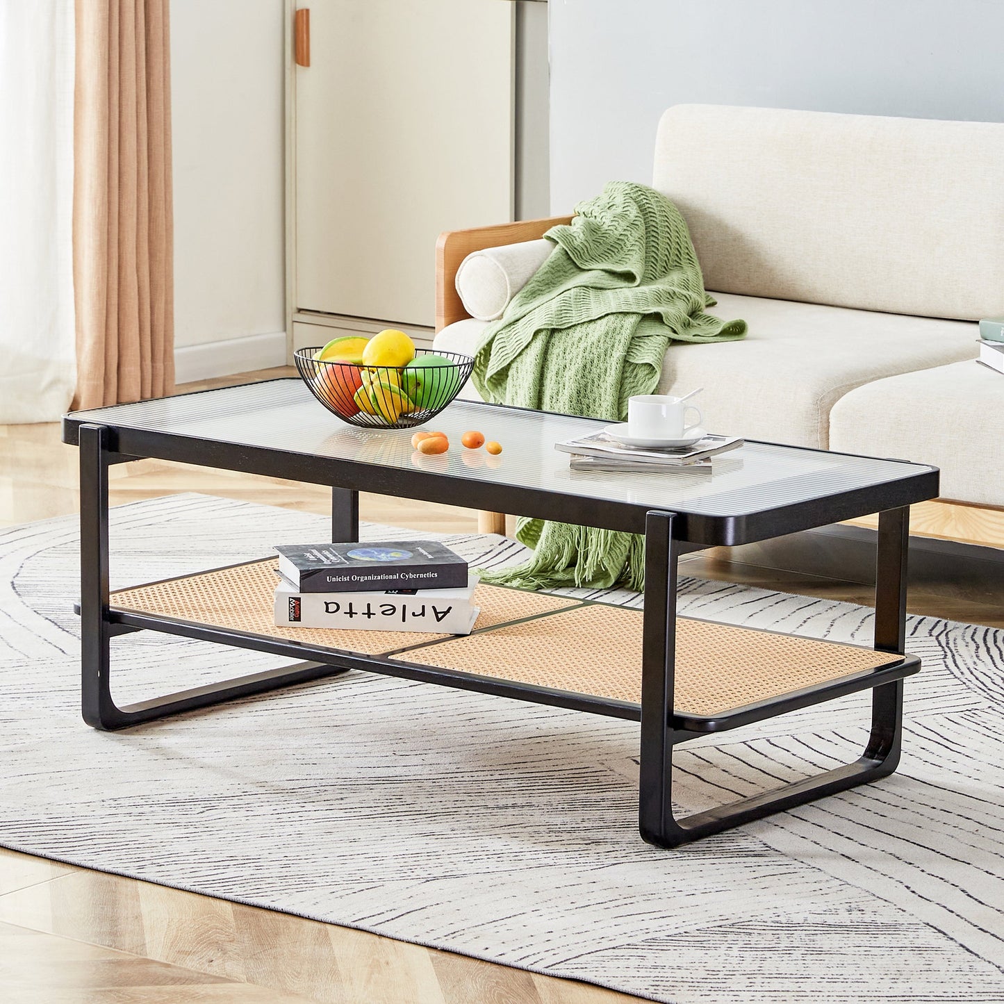 Modern minimalist rectangular double layer black solid wood imitation rattan coffee table with a Chinese style side table with craft glass tabletop, suitable for living rooms, restaurants, bedrooms