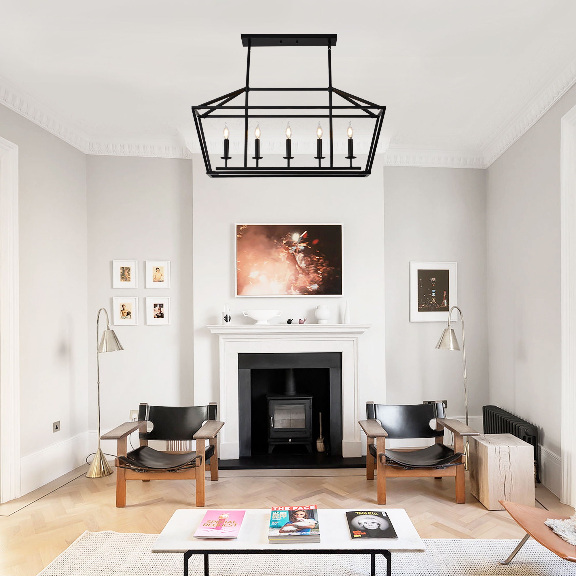 5 Light Farmhouse Kitchen Island Lighting, 5 Light Industrial Linear Chandelier For Dining Room Metal Hanging Pendant Light Fixture For Bedroom Living Room Hallway Conference Room - Matte Black