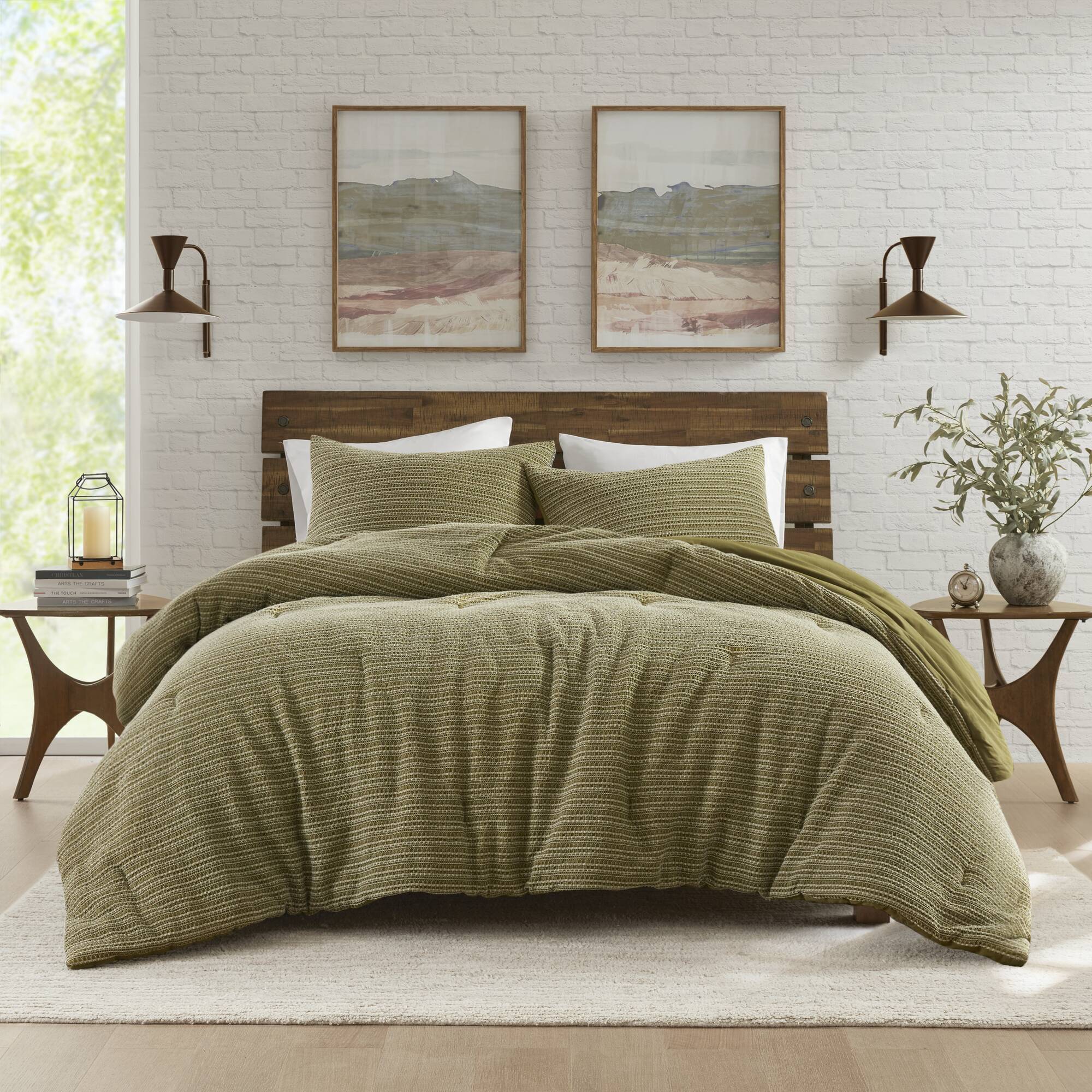 Lyon - 3 Piece Full/Queen Waffle Washed Comforter Set - Green