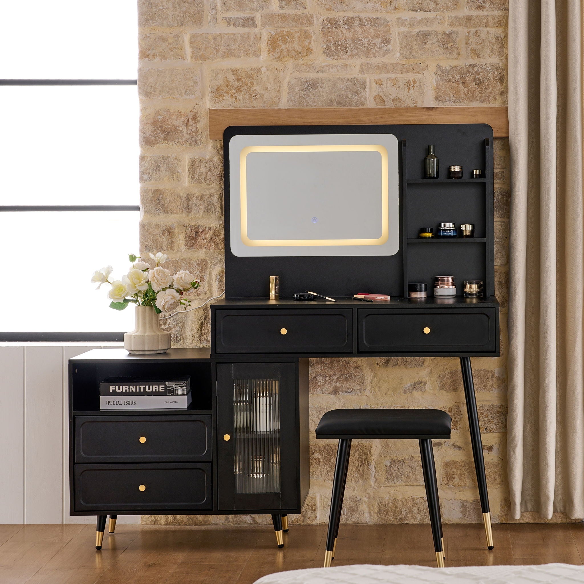 Modern Makeup Vanity Desk With Mirror And Lights Retractable Design Engineered Wood - Black