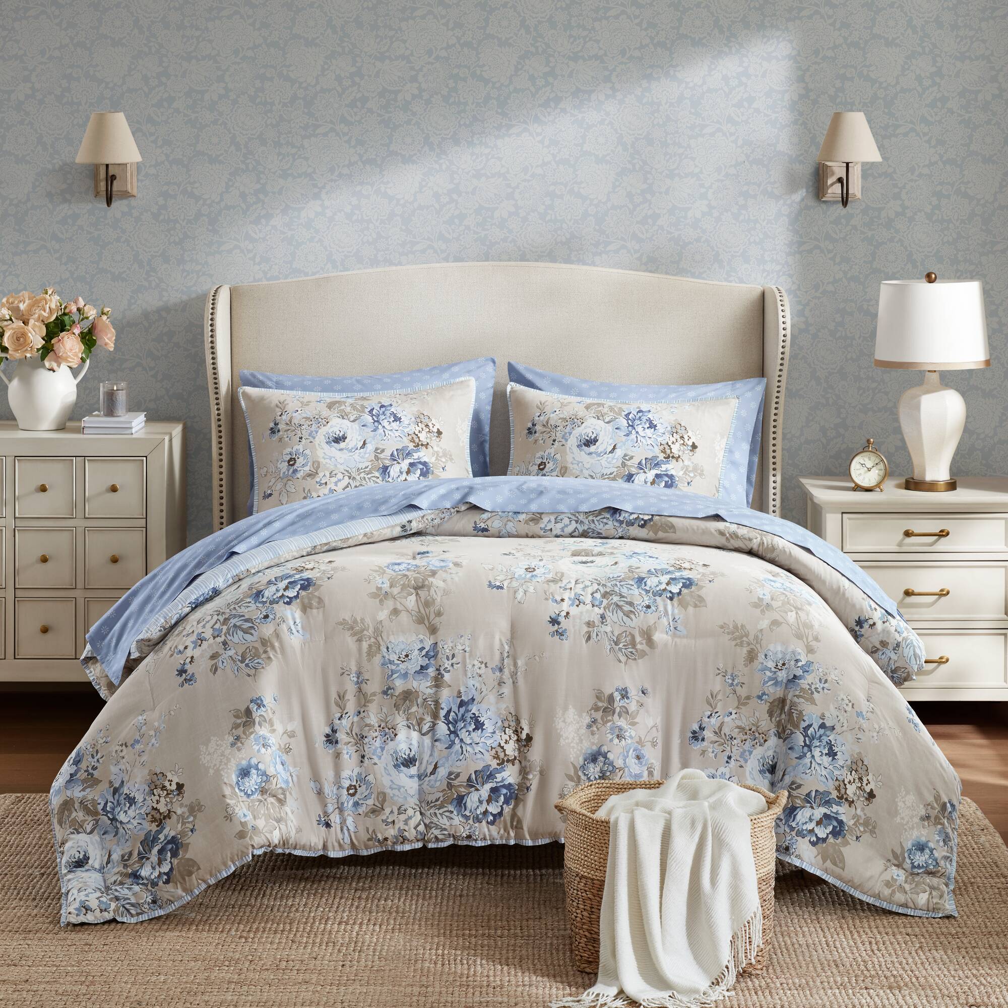 Heather - Full 7 Piece Vintage-Inspired Floral Print - Beige / Blue