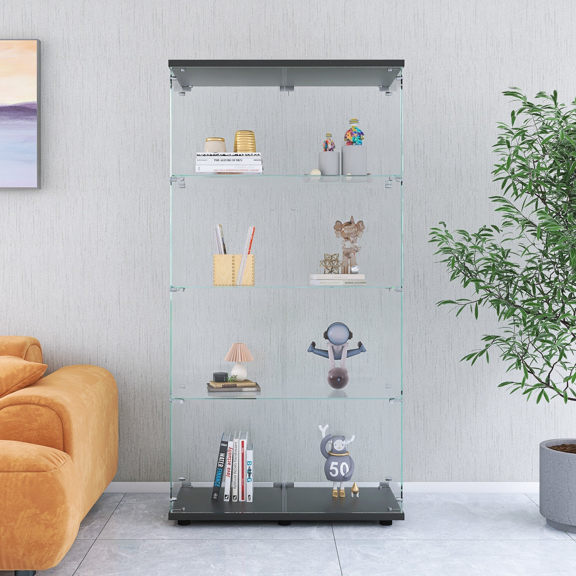 Two-door Glass Display Cabinet 4 Shelves with Door, Floor Standing Curio Bookshelf for Living Room Bedroom Office,  64.7"*31.7"*14.3",Black