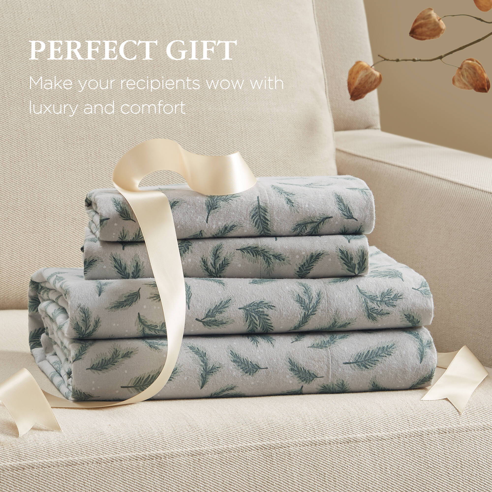 Flannel - Twin 100% Flannel Printed Sheet Set - Pine Branches
