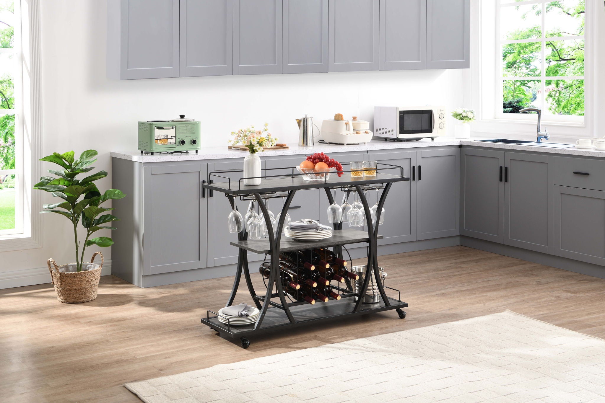 Bar Cart Kitchen Bar & Serving Cart For Home With Wheels 3 Tier Storage Shelves - Black / Gray