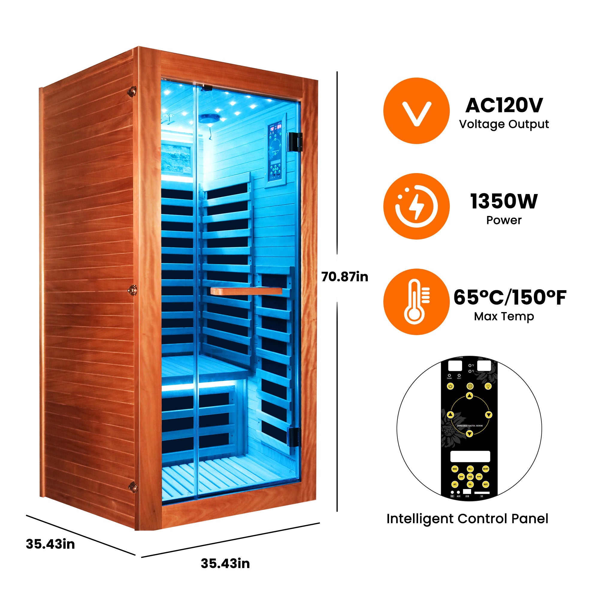 Single Person Sauna Room With LED Lighting, Epoxy Heating Plates, And Compact Design - American White Oak