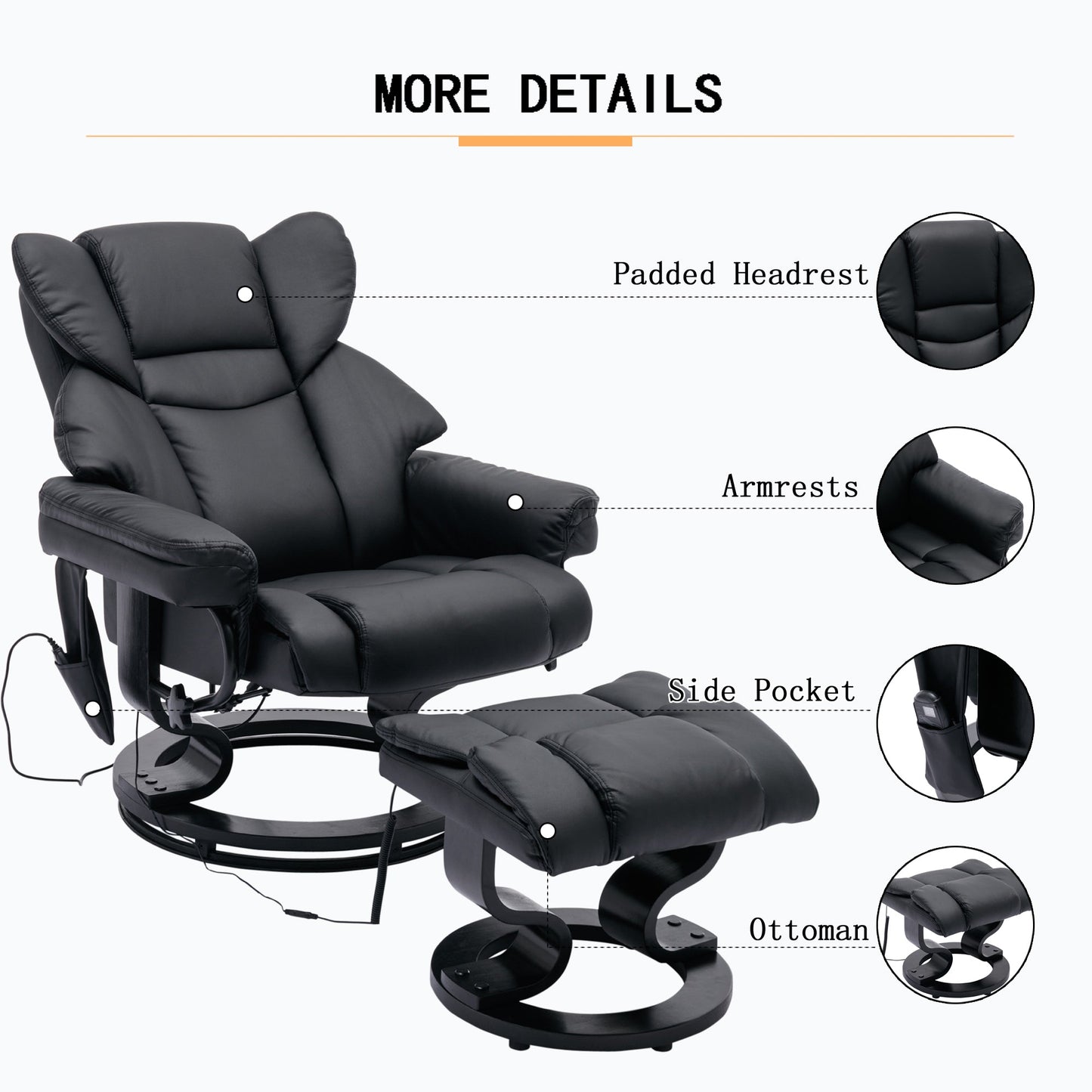 Massage Recliner and Ottoman, PU Leisure Office Chair with 10 Vibration Points, Adjustable Backrest, Side Pocket and Remote Control, for Living Room, Study, Bedroom, Black