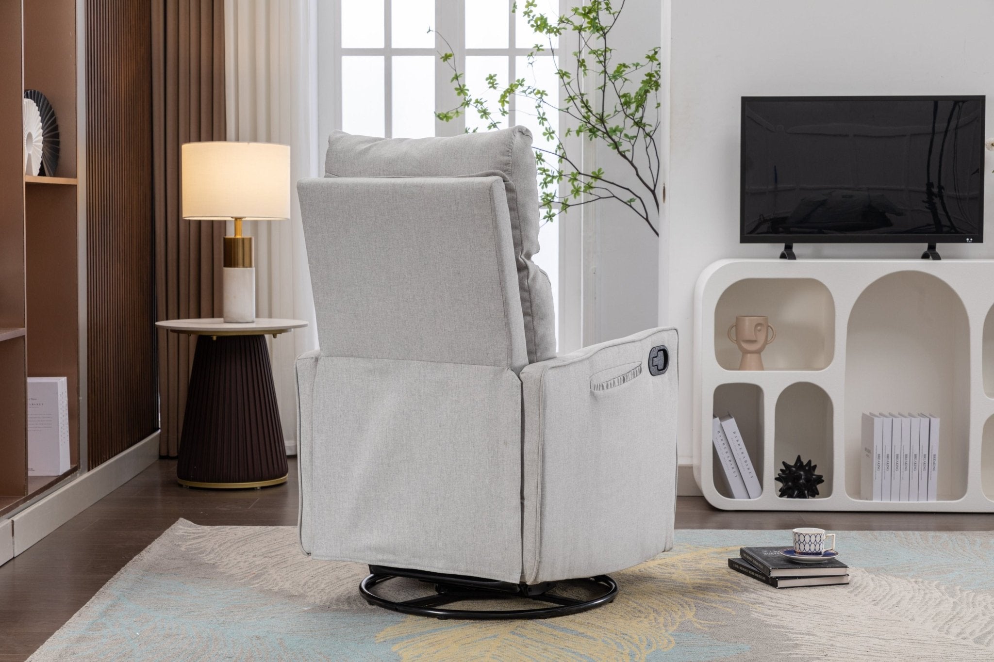 038-Cotton Linen Fabric Swivel Rocking Chair Glider Rocker Recliner Nursery Chair With Adjustable Back And Footrest For Living Room Indoor,Light Gray