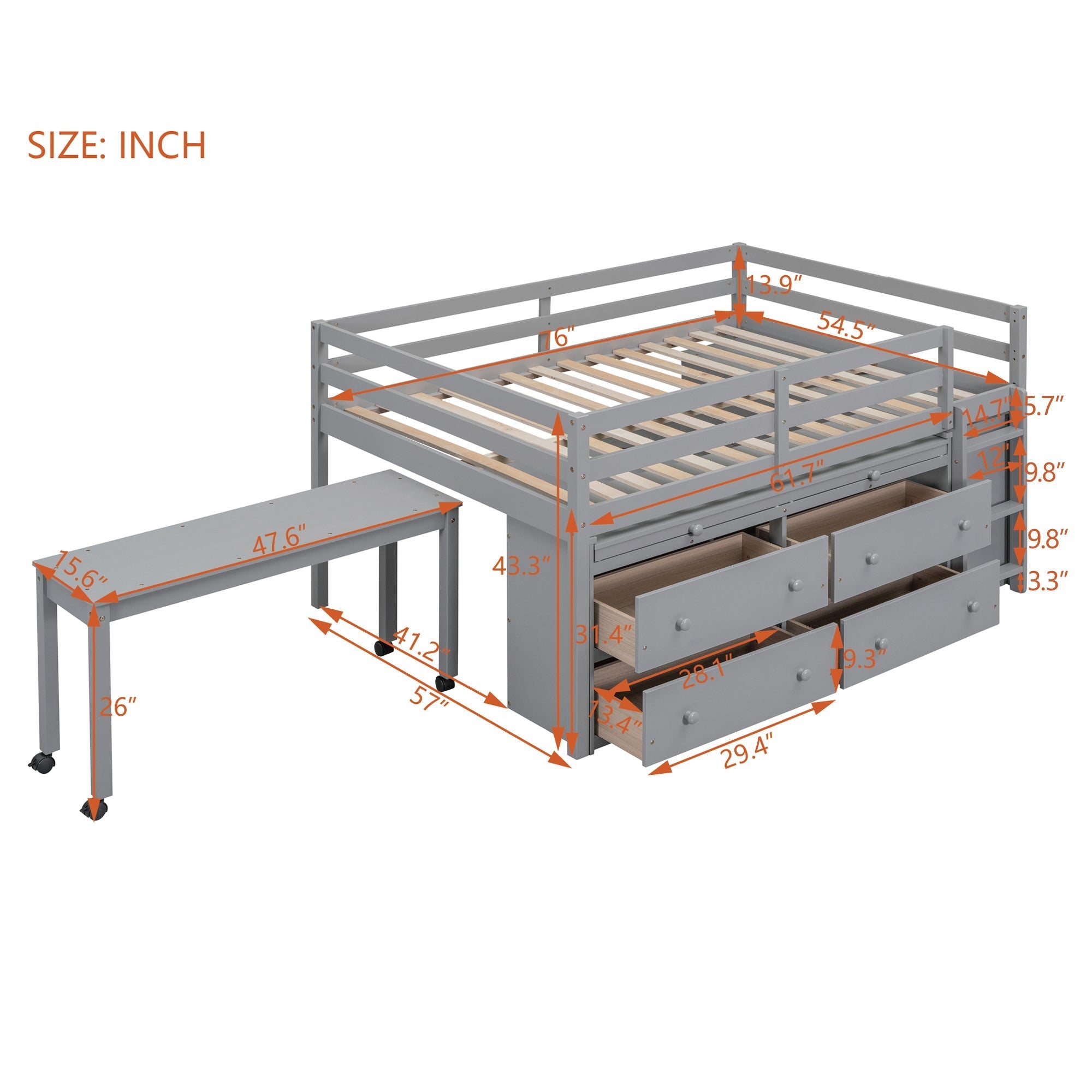 Full Size Loft Bed with Retractable Writing Desk and 4 Drawers, Wooden Loft Bed with Lateral Portable Desk and Shelves, Gray