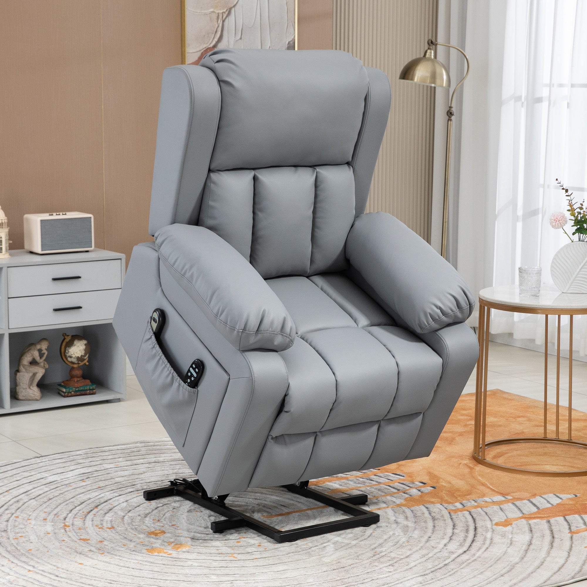 HOMCOM Electric Power Lift Recliner Chair, PU Leather Reclining Chair with Vibration Massage, Heated, Remote Control, Side Pockets, for Elderly, Gray