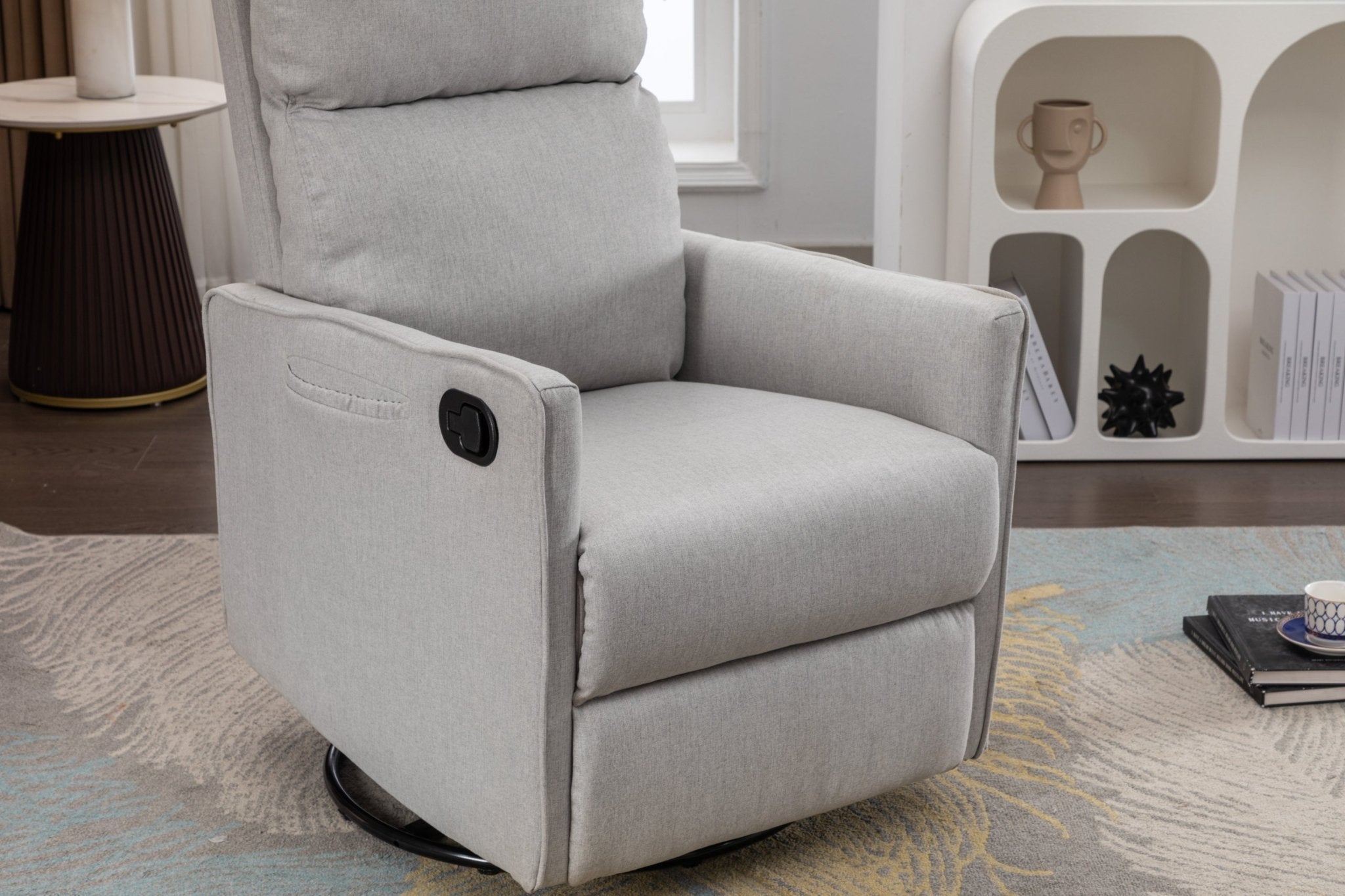 038-Cotton Linen Fabric Swivel Rocking Chair Glider Rocker Recliner Nursery Chair With Adjustable Back And Footrest For Living Room Indoor,Light Gray