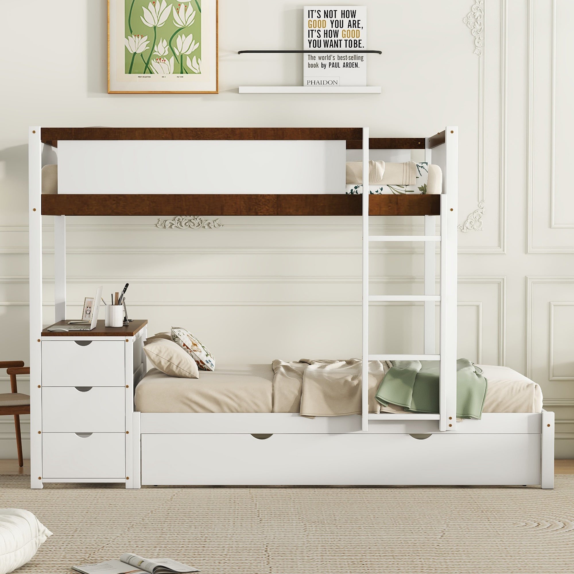 Twin-Over-Twin Bunk Bed with Twin size Trundle, Storage and Desk, White+Walnut