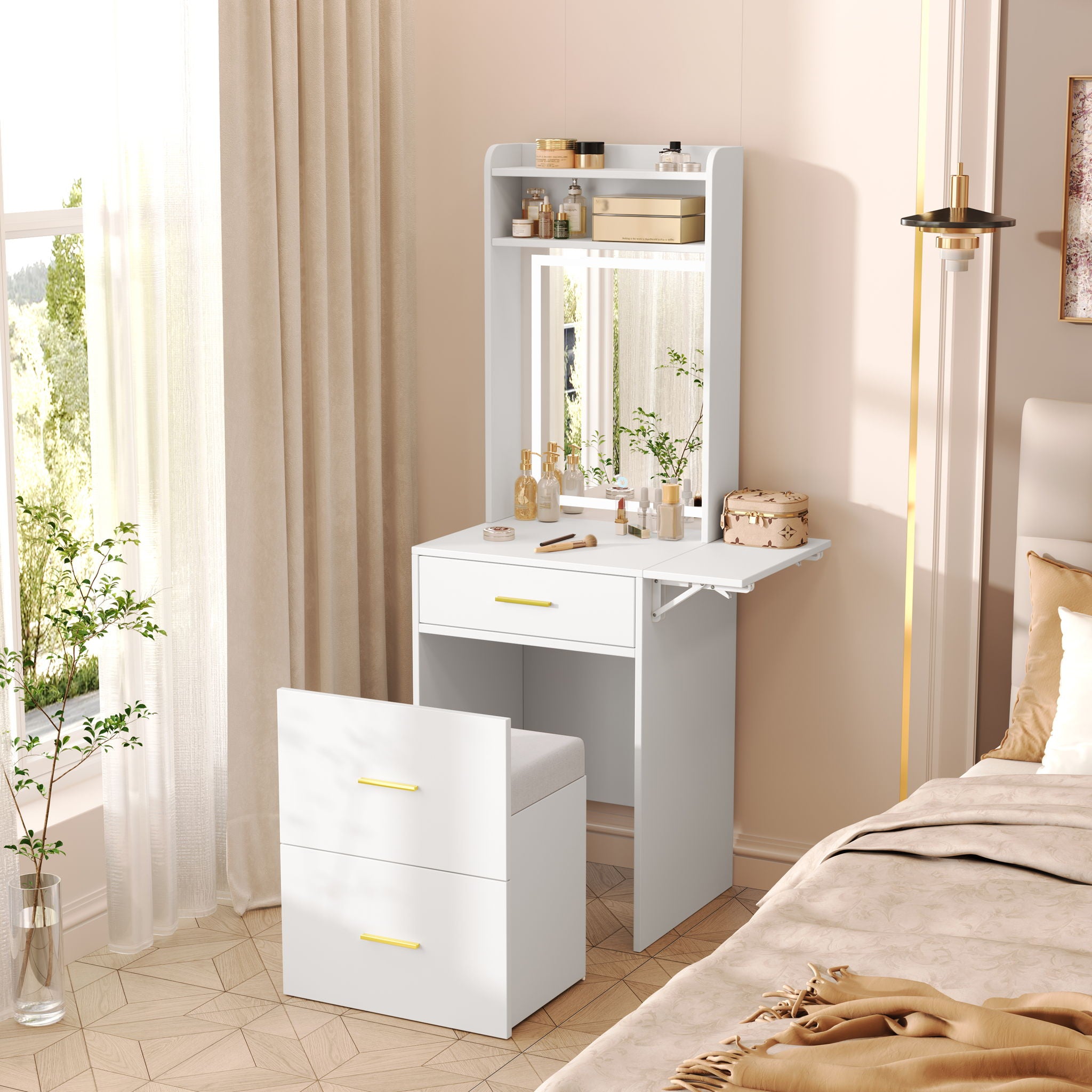 Small Vanity Desk With Mirror And Light, Dressing Table With Charging Station & Fold Up Panel For Small Space, Compact Makeup Vanity Set With Hidden Stool For Bedroom - White