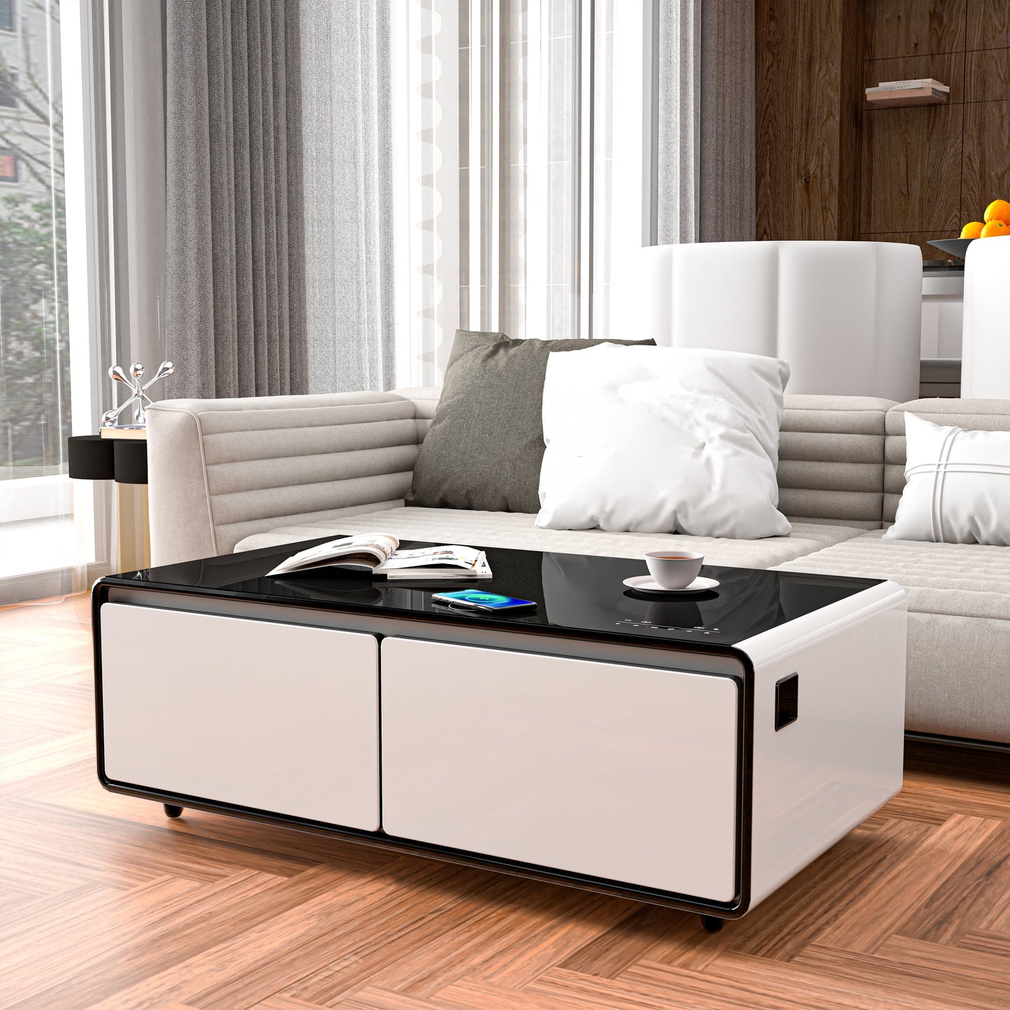 Modern Smart Coffee Table with Built-in Fridge, Bluetooth Speaker, Wireless Charging Module, Touch Control Panel, Power Socket, USB Interface, Outlet Protection, Atmosphere light, White