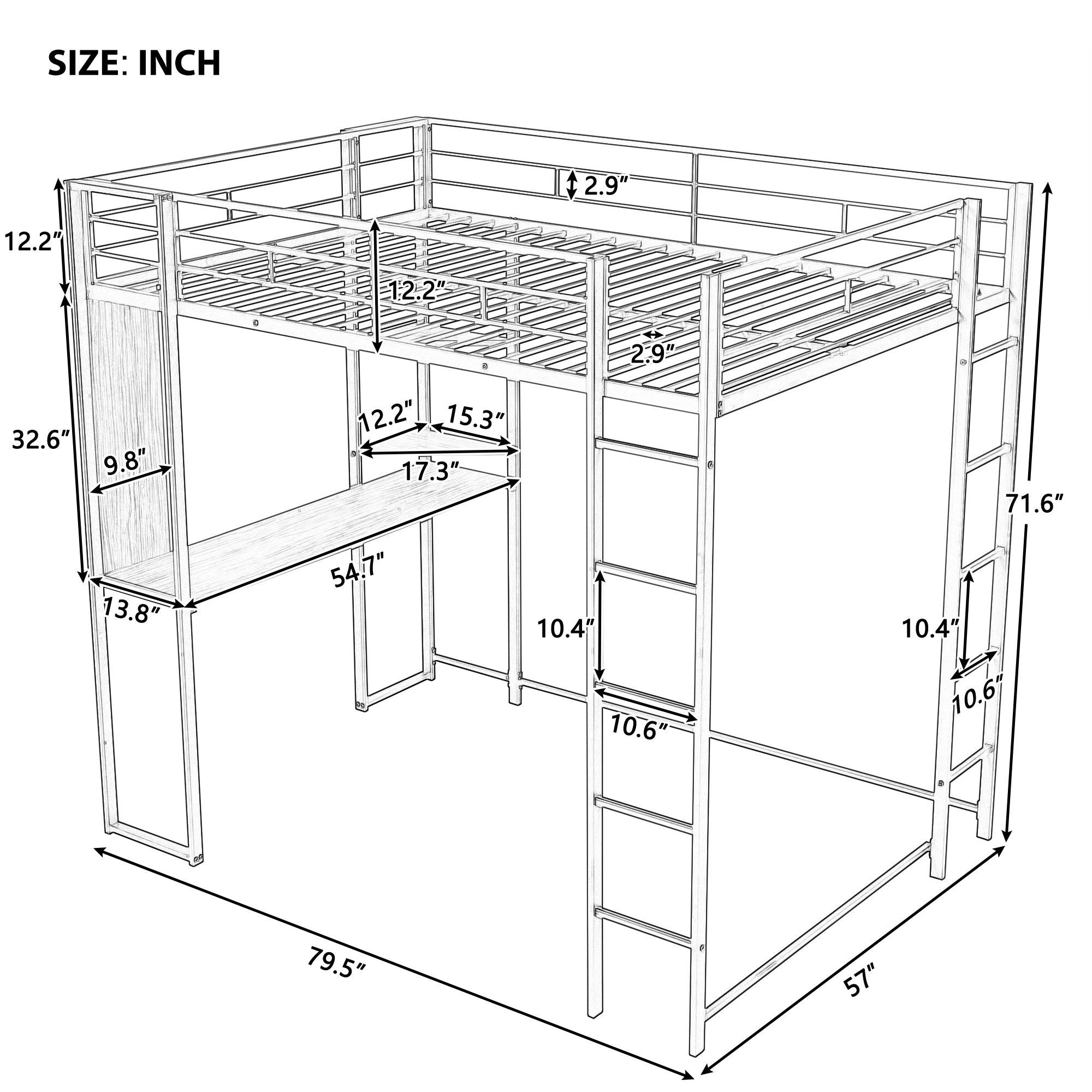 Full Size Metal Loft Bed with 2 Shelves and one Desk ,White (Old SKU: LP000191AAK )