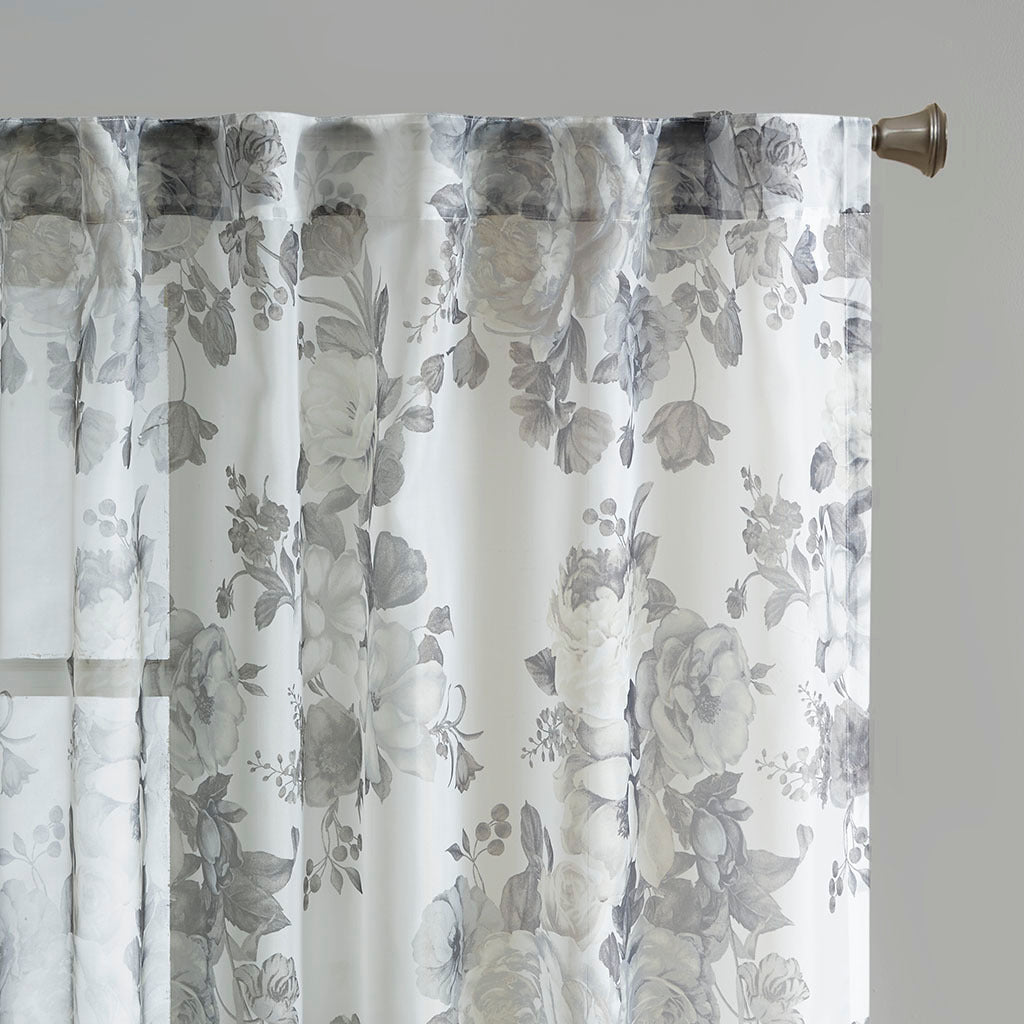 Printed Floral Rod Pocket and Back Tab Voile Sheer Curtain