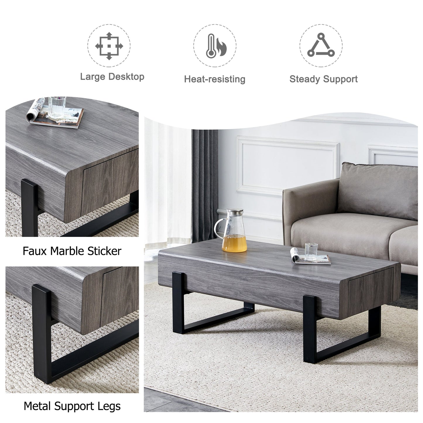 A coffee table made of MDF material. Equipped with drawers made of solid wood material. Can store things and save space. Paired with black metal table legs. Suitable for living room.