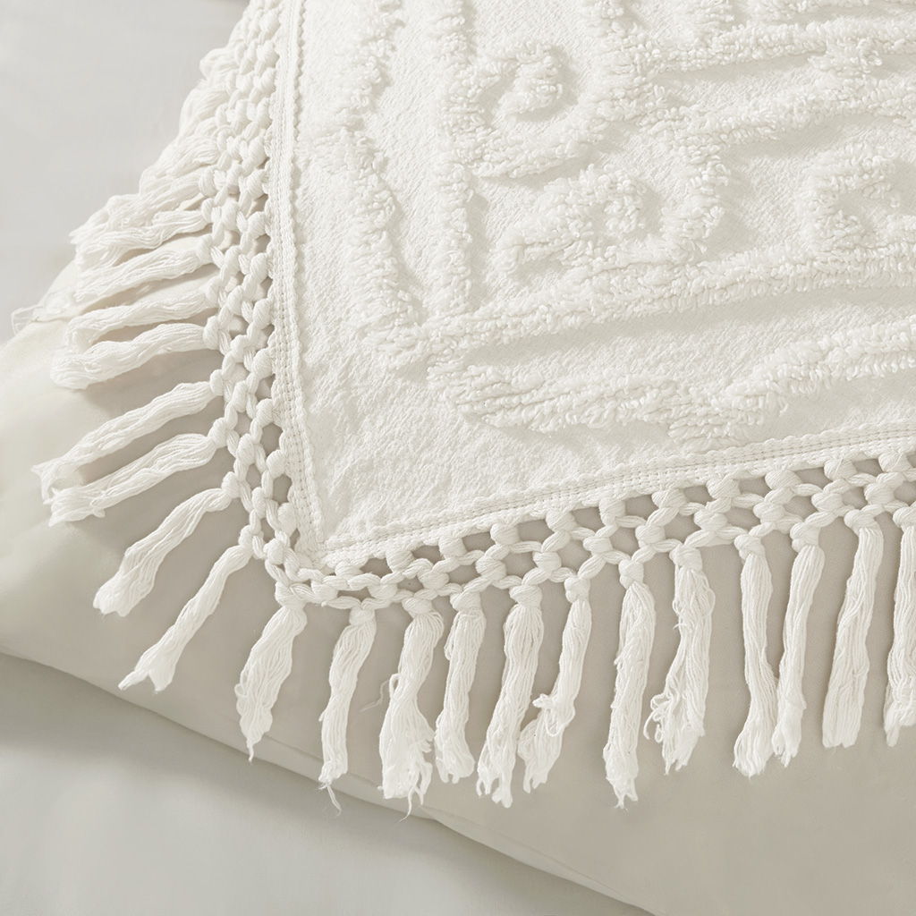 Laetitia - King Tufted Medallion Fringe Coverlet Mini Set - Off White