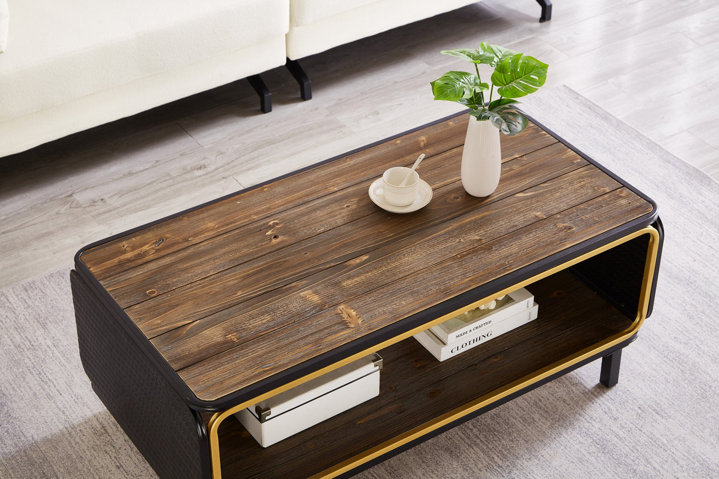 Square Coffee Table, Solid Wood Desktop Metal Stand, Coffee Tables for Living Room with Storage, Farmhouse Coffee Table Modern Style, 44.09 * 22.05 * 18.11 in